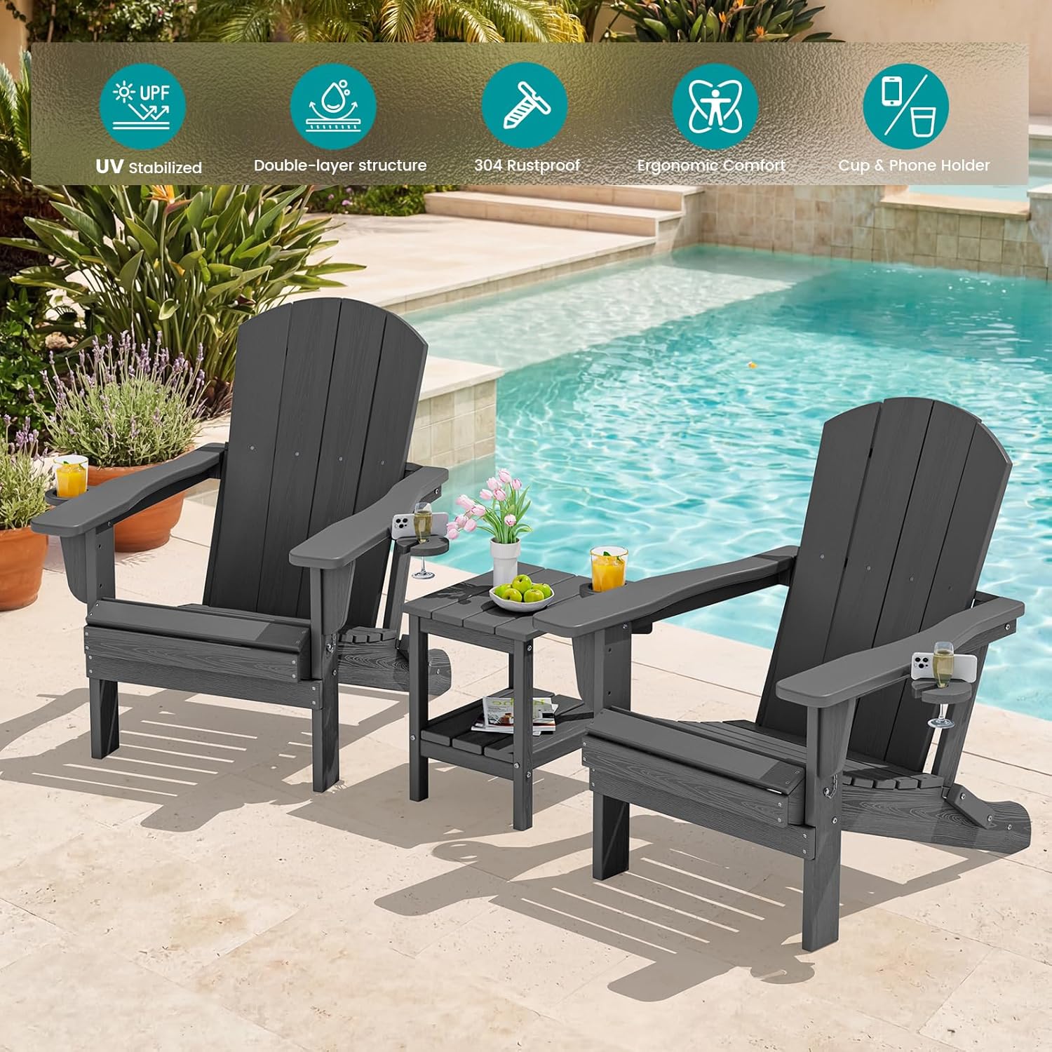 SERWALL Foldable Adirondack Chair Set of 2, HDPE Adirondack Chair with Wood-Texture-Gray