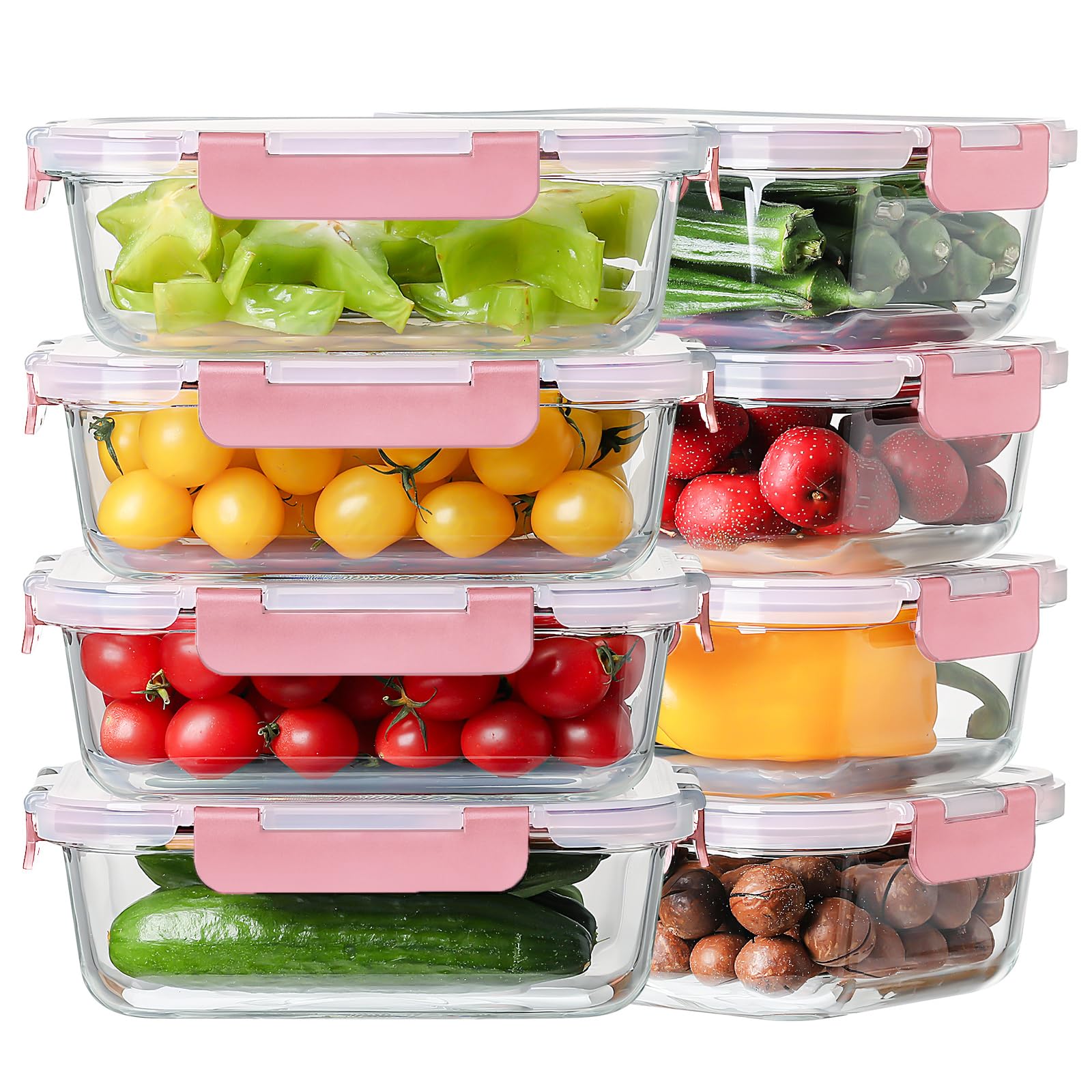 8 Pack 36oz Large Glass Meal Prep Containers with lids, Glass Food Storage Containers with Leak Proof Snap Lock Lids , Airtight Bento lunch Boxes, Kitchen Storage, Oven, Freezer and Dishwasher Safe
