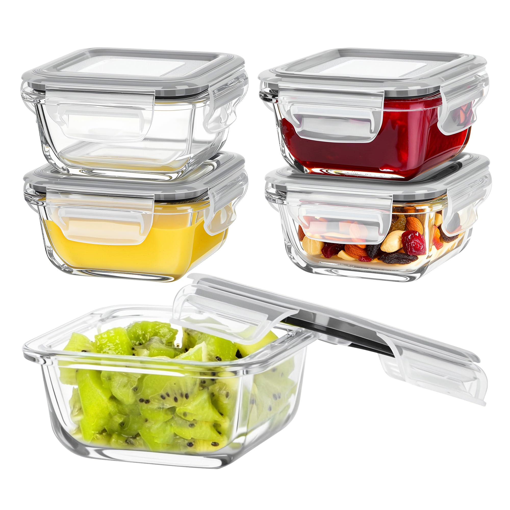 Vtopmart 5Pack 22oz Glass Storage Containers with Lids, Glass Meal Prep Food Container Sets with Snap Airtight Lids for Microwave, Oven, Freezer and Dishwasher, Grey