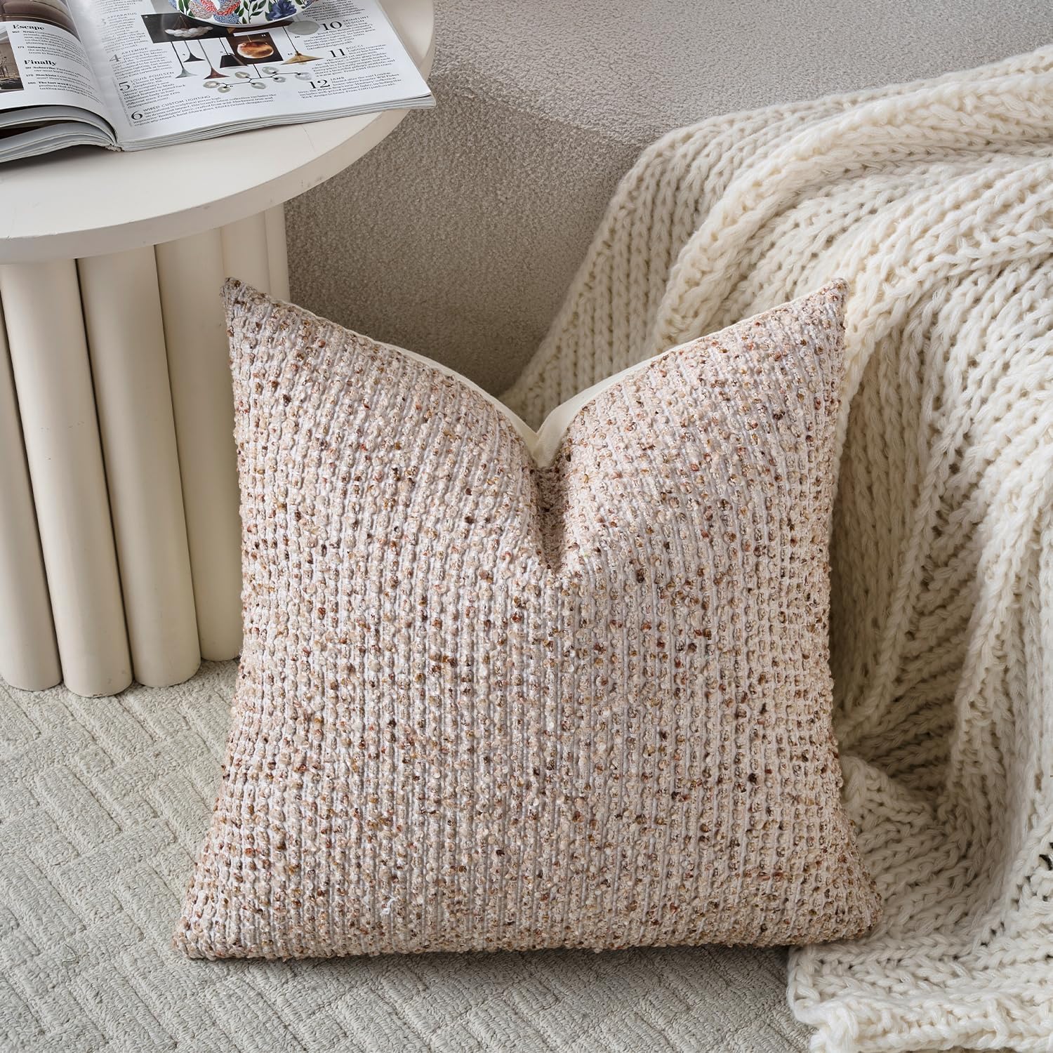 DEZENE 22x22 Beige Throw Pillow Cover Textured Boucle Striped Chic Morden Boho Accent Farmhouse Square Decorative Couch Pillow Cover for Home Decor Bed Sofa Living Room