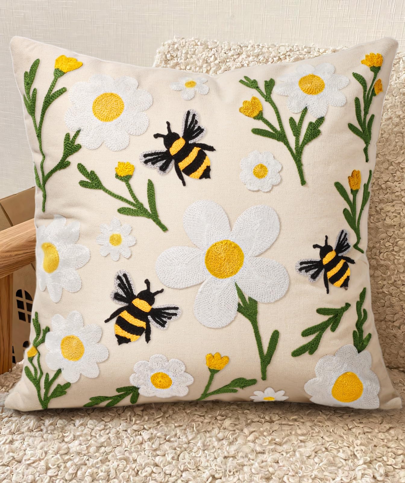 Embroidered Throw Pillow Cover 20x20 Inch - Spring Summer Boho Decorative Pillow Cover with Zipper for Living Room Couch Sofa Bed Aesthetic Design Retro Flower Cushion Pillowcase