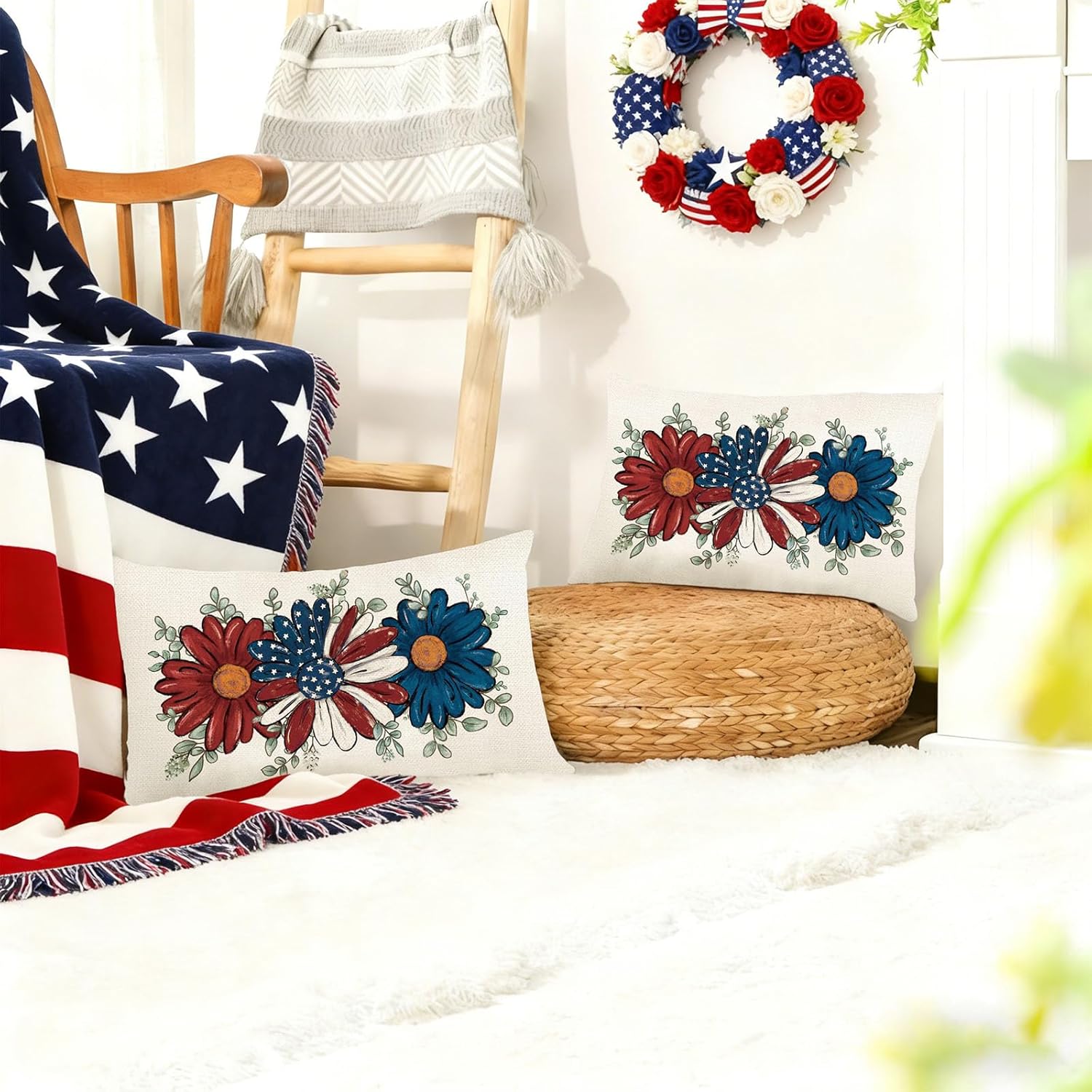 Baccessor Patriotic Pillow Cover 12x20 Inch,4th of July Memorial Day Lumbar Blue Red Daisy Lumbar Pillow Case Summer Holiday Bed Cushion Home Sofa Couch Indoor Outdoor Decor 1 Piece