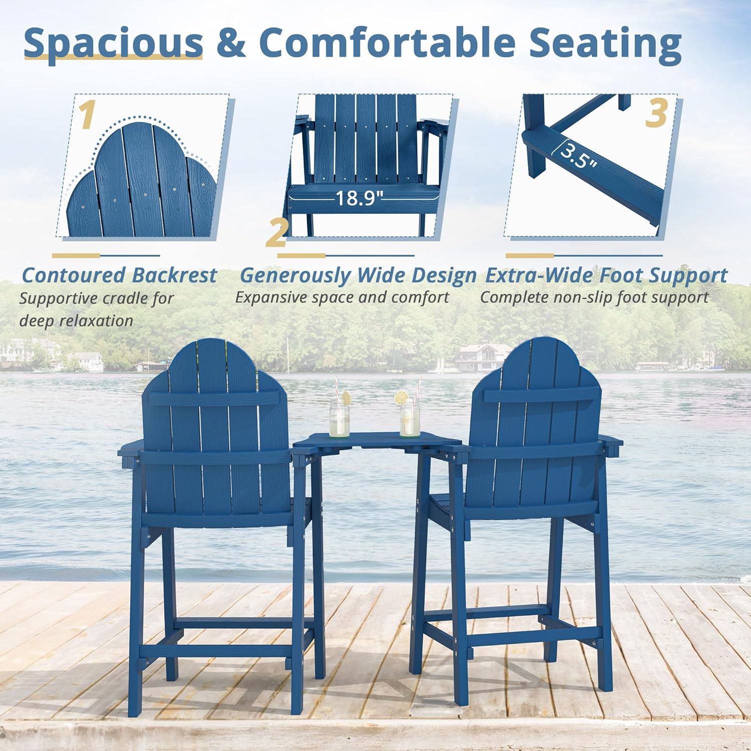 LUE BONA Tall Adirondack Chair Set of 2, All Weather HDPS Bar Height Chairs with Aluminum Legs, Detachable Table & Umbrella Hole for Patio, Deck, Backyard & Commercial Use Navy Blue