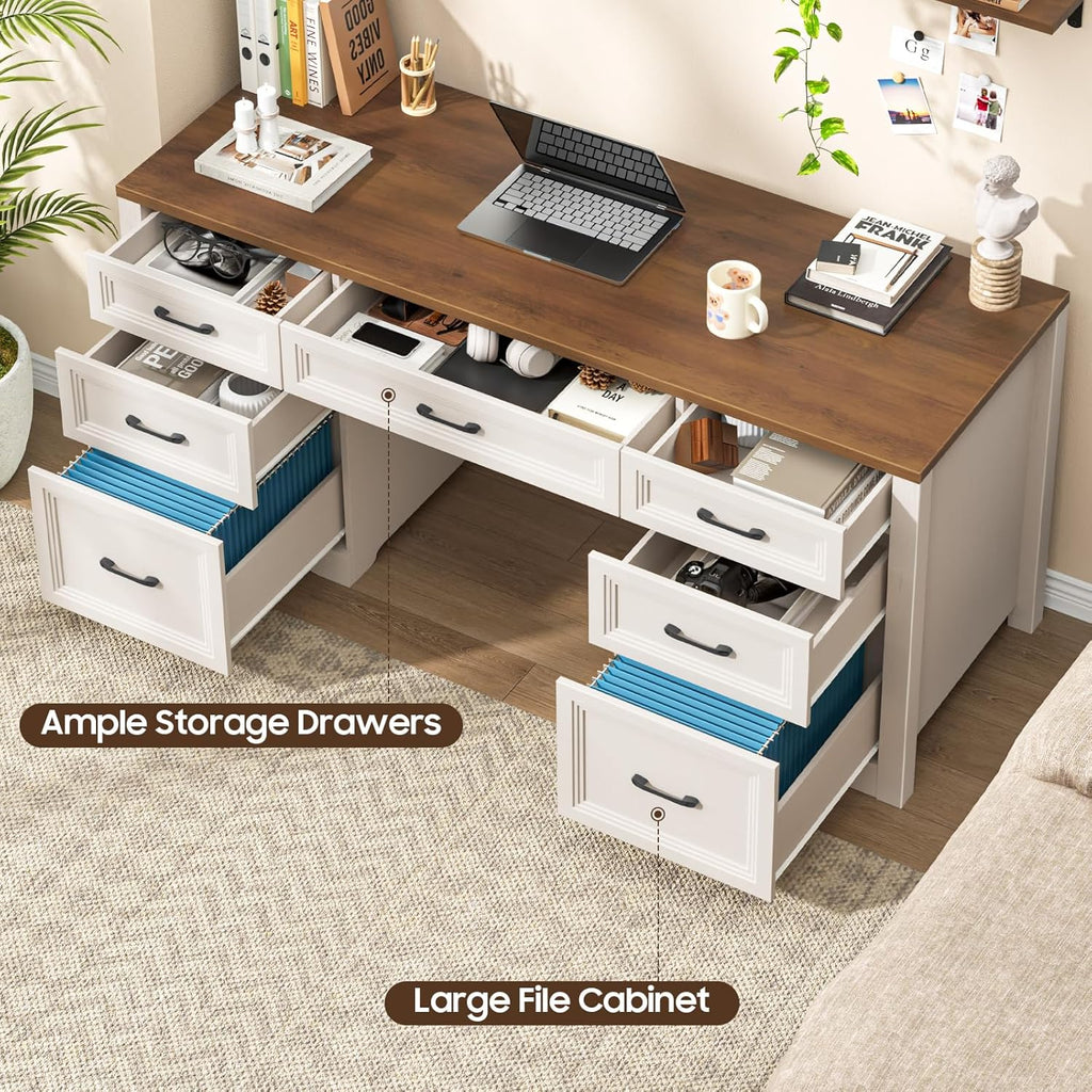 Vabches Farmhouse Executive Desk, Wood Home Office Desk with 2 Large File Drawers and 5 Storage Cabinets, Rustic Writing Desk for Work and Study, Brown