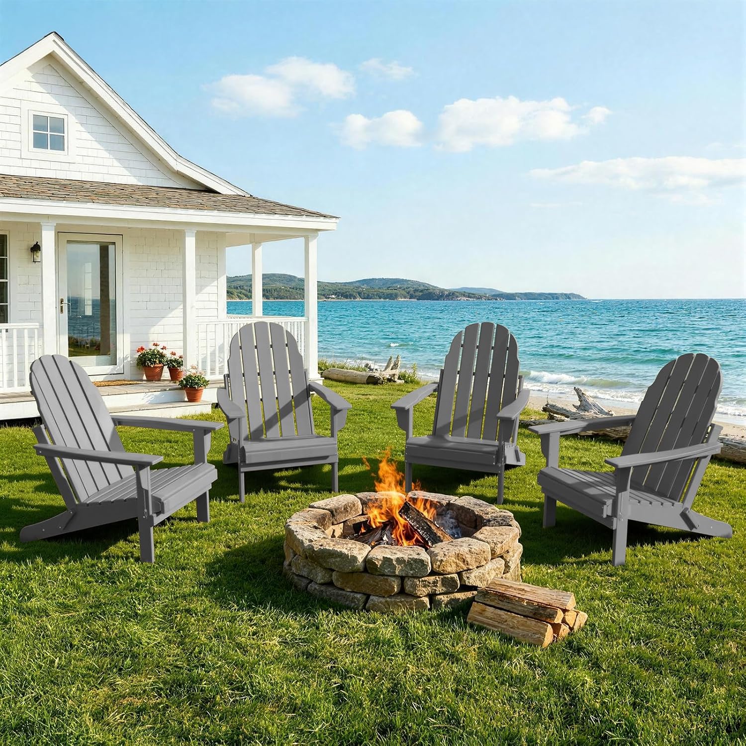 Oversized Folding Adirondack Chairs Set of 4, HDPE All-Weather Outdoor Chairs Easy to Store Fire Pit Chairs for Patio, Lawn, Poolside, Garden, Backyard, Deck- Gray