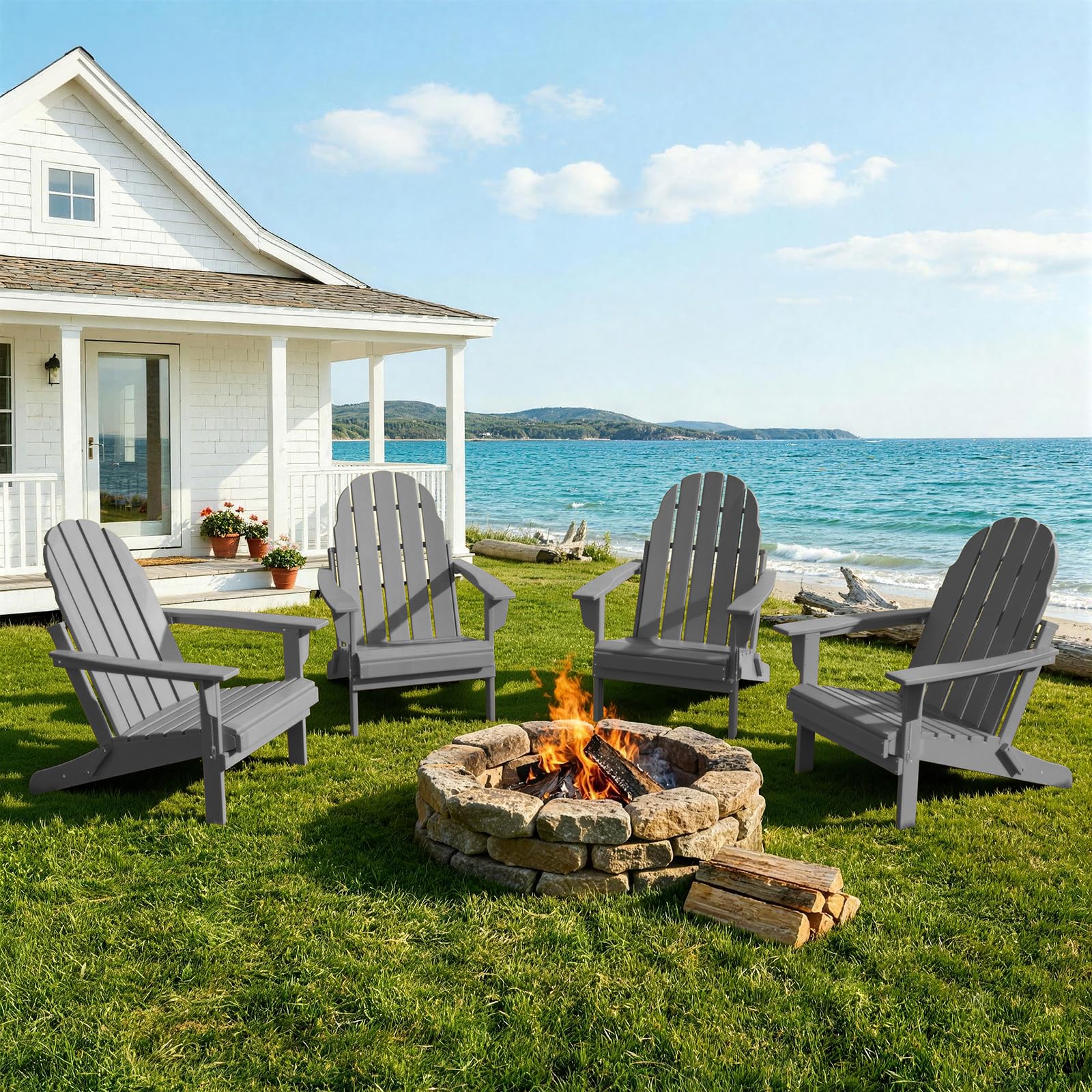 Oversized Folding Adirondack Chairs Set of 4, HDPE All-Weather Outdoor Chairs Easy to Store Fire Pit Chairs for Patio, Lawn, Poolside, Garden, Backyard, Deck- Gray