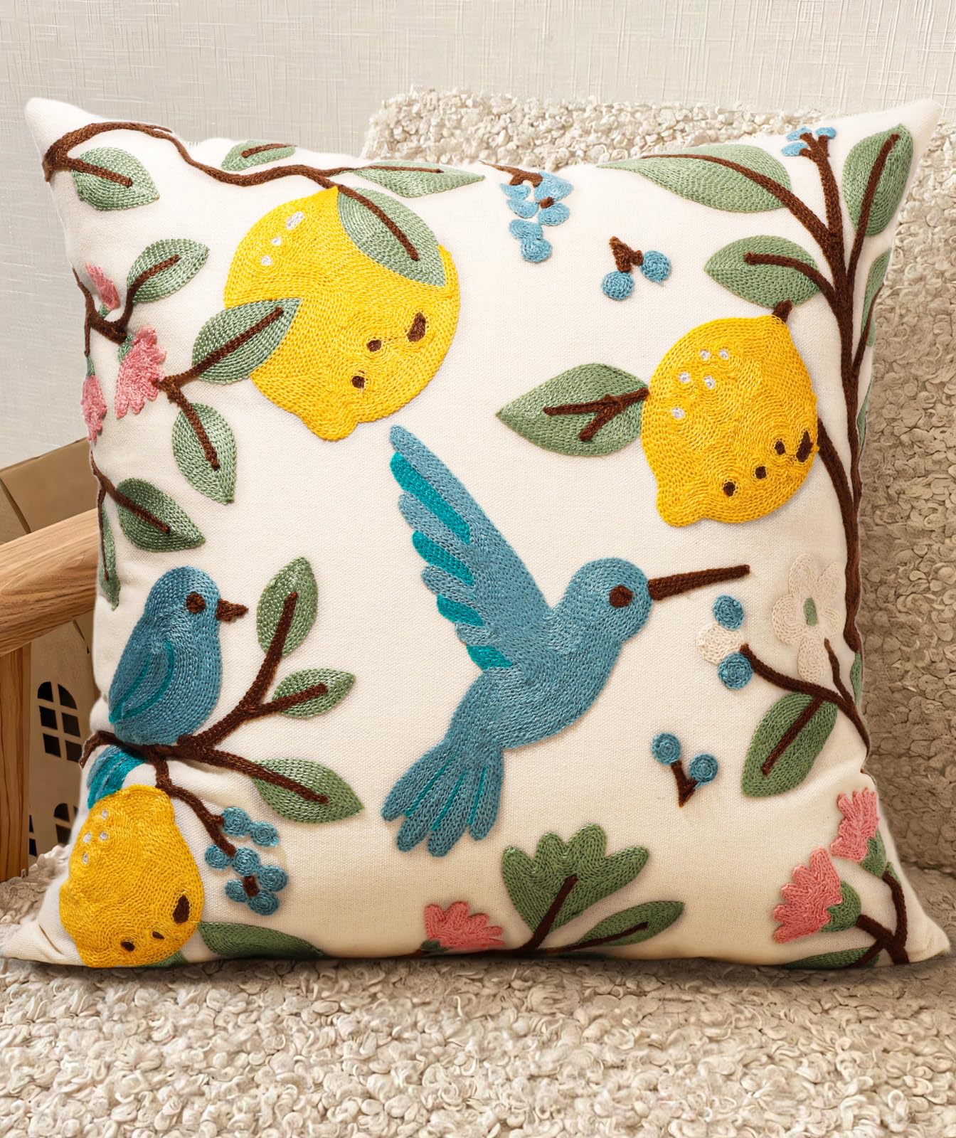 Embroidered Throw Pillow Cover 20x20 Inch - Spring Summer Boho Decorative Pillow Cover with Zipper for Living Room Couch Sofa Bed Aesthetic Design Retro Flower Cushion Pillowcase