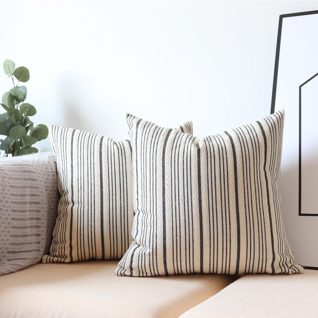 Tan Pillow Covers Farmhouse Linen Throw Pillow Covers Striped Outdoor Decorative Square Throw Pillows for Couch Sofa Bed 18x18 in Pack of 2 Cream and Beige