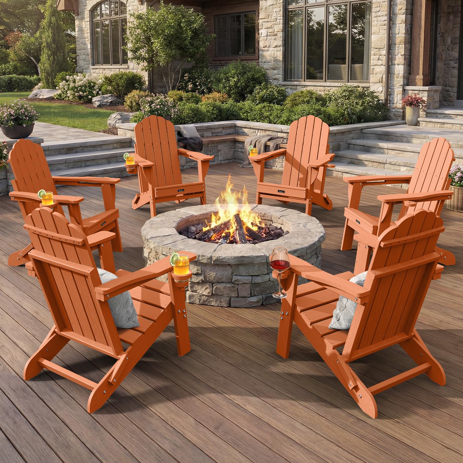 Folding Adirondack Chair,All-Weather HDPE Fire Pit Chair with 2 Cup Holders, Plastic Outdoor Chair for Patio Deck Garden Lawn, Black