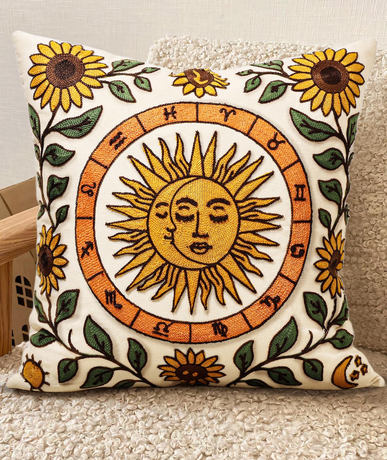 Embroidered Throw Pillow Cover 20x20 Inch - Spring Summer Boho Decorative Pillow Cover with Zipper for Living Room Couch Sofa Bed Aesthetic Design Retro Flower Cushion Pillowcase