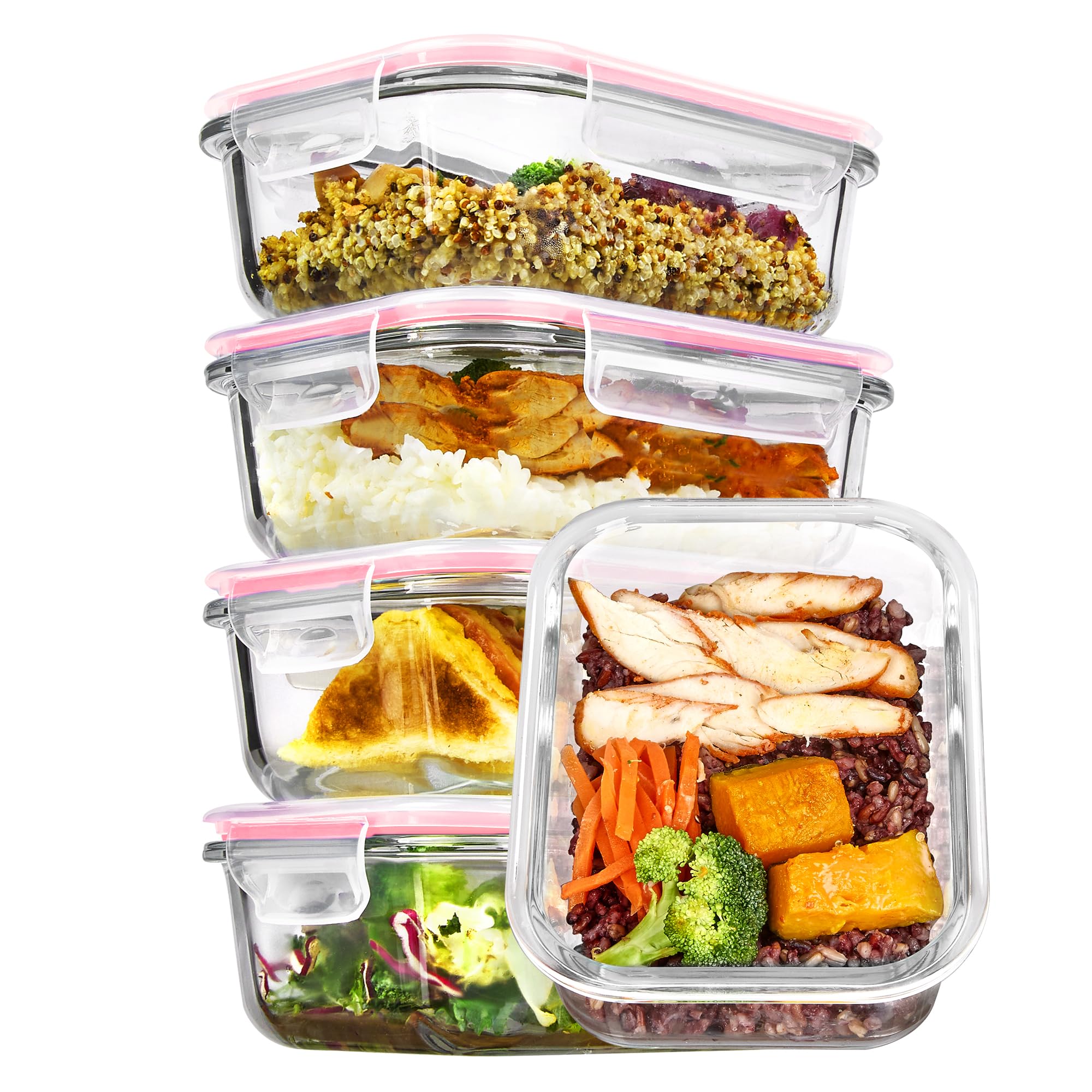 Vtopmart 5Pack 22oz Glass Storage Containers with Lids, Glass Meal Prep Food Container Sets with Snap Airtight Lids for Microwave, Oven, Freezer and Dishwasher, Grey