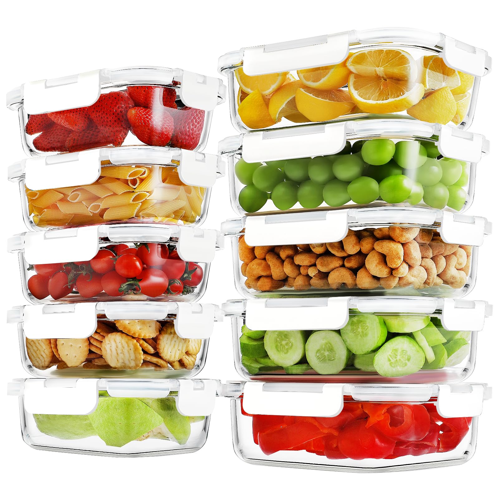 HOMBERKING 10 Pack Borosilicate Glass Meal Prep Containers with Locking Lids, Glass Food Storage Containers Set, Airtight Lunch Bento Boxes, BPA-Free & Leak Proof, 36oz & 14oz, Freezer, Oven Safe
