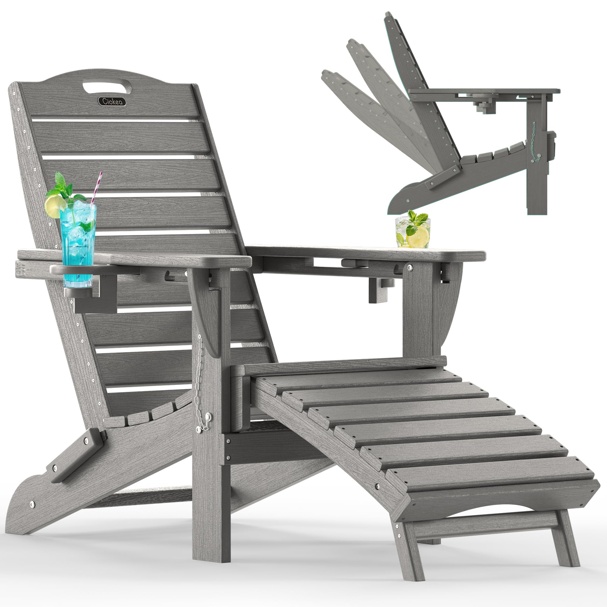 Ciokea Folding Adirondack Chair with Retractable Ottoman Fire Pit Patio Chair with Pull Out Foot Rest Weather Resistant Lawn Outdoor Lounge Chair with 2 Cup Holder (Grey)