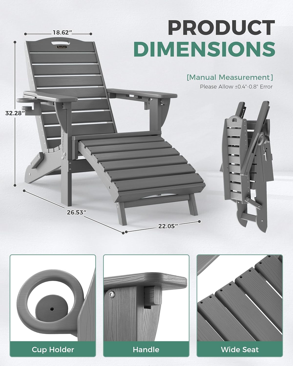 Folding Adirondack Chair with Retractable Ottoman, Weather Resistant Fire Pit Chair Patio Chair with 2 Cup Holder Lawn Outdoor Lounge Chair (Grey)