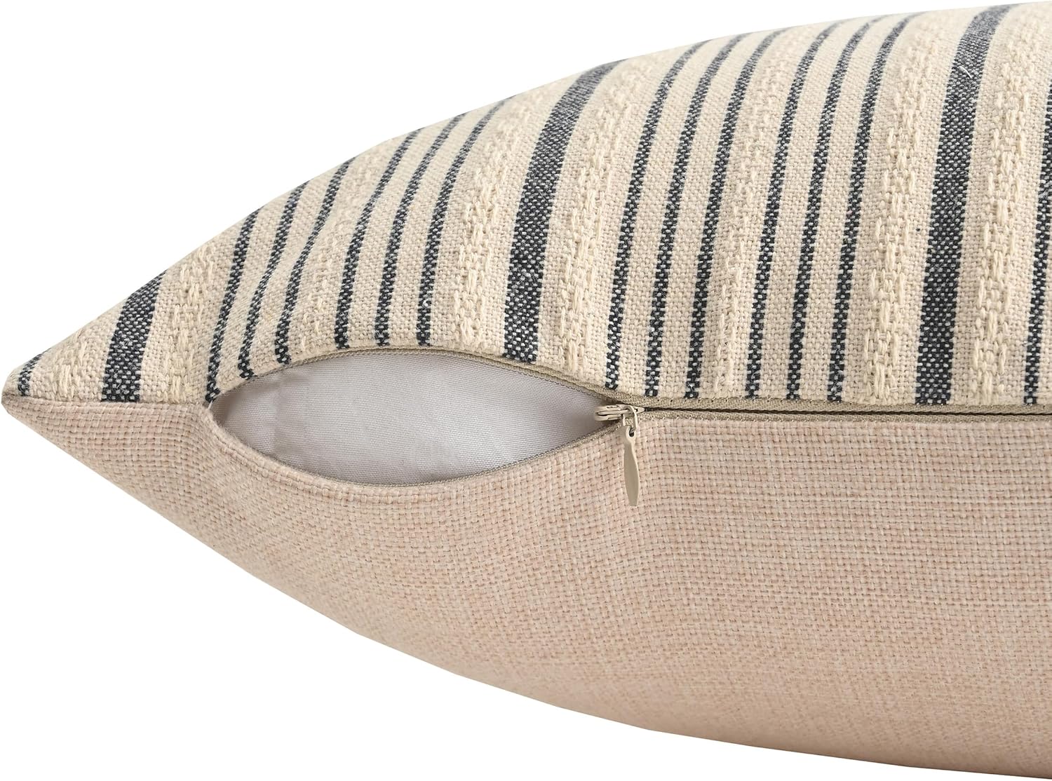 Tan Pillow Covers Farmhouse Linen Throw Pillow Covers Striped Outdoor Decorative Square Throw Pillows for Couch Sofa Bed 18x18 in Pack of 2 Cream and Beige