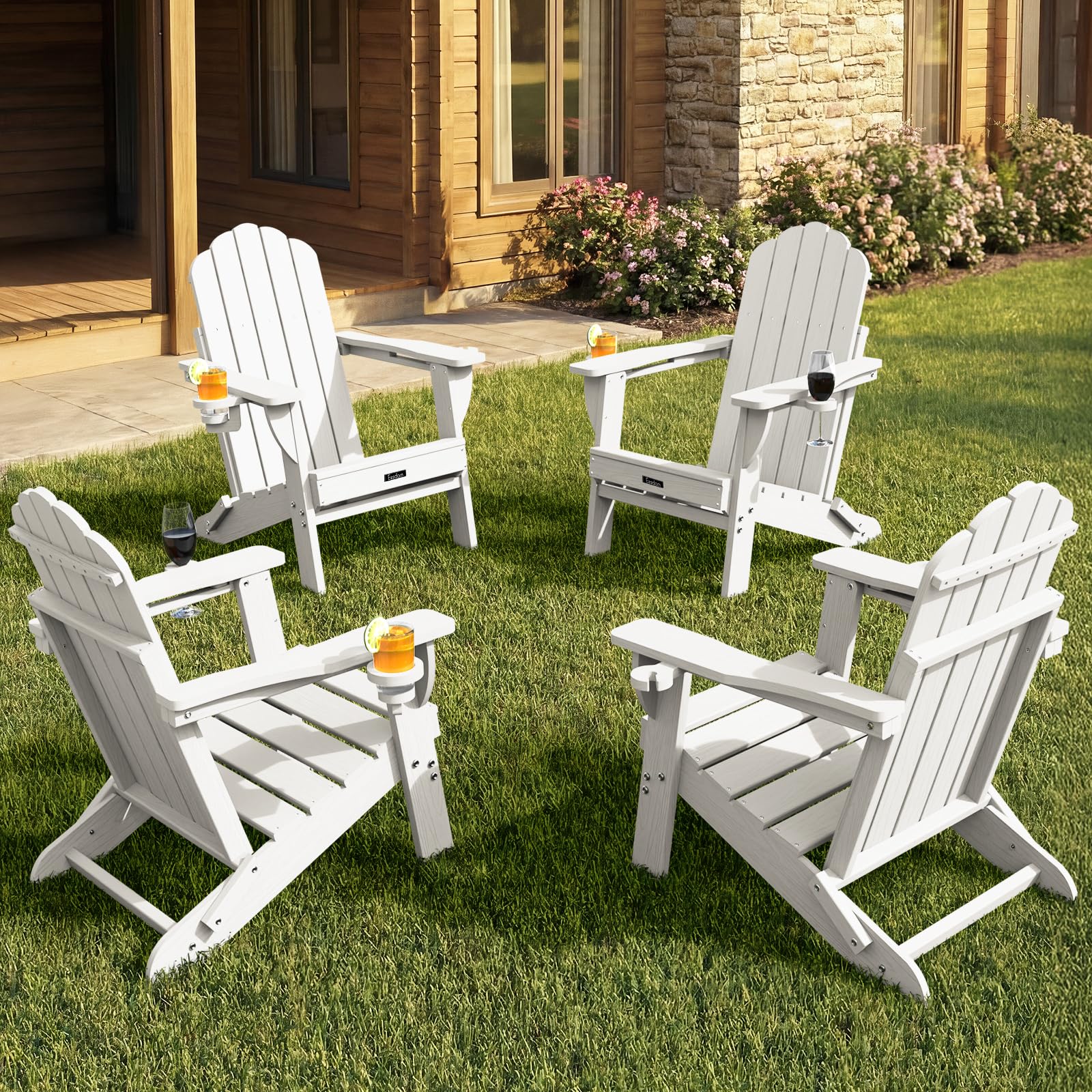 Folding Adirondack Chair,All-Weather HDPE Fire Pit Chair with 2 Cup Holders, Plastic Outdoor Chair for Patio Deck Garden Lawn, Black