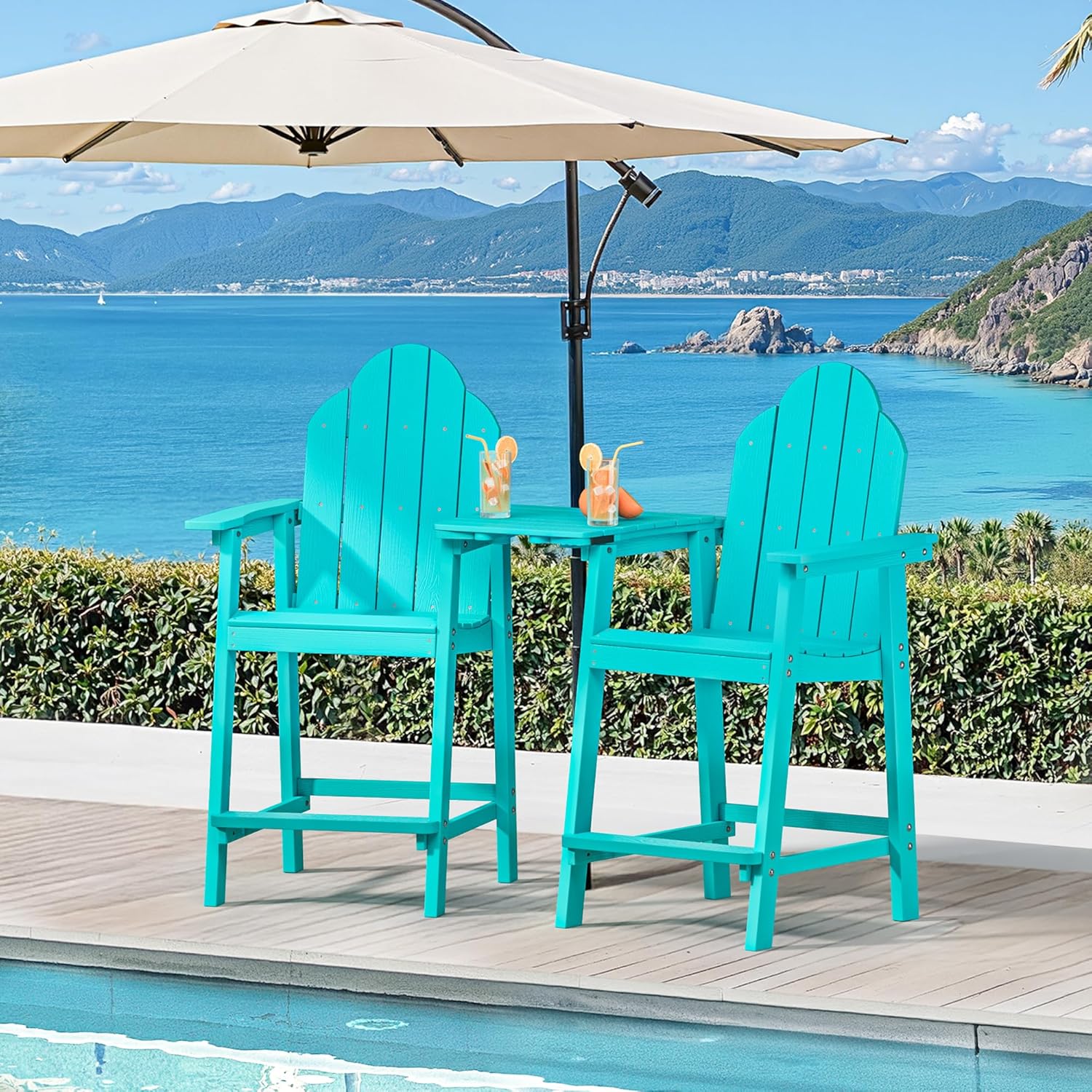 LUE BONA Tall Adirondack Chair Set of 2, All Weather HDPS Bar Height Chairs with Aluminum Legs, Detachable Table & Umbrella Hole for Patio, Deck, Backyard & Commercial Use Aruba Blue