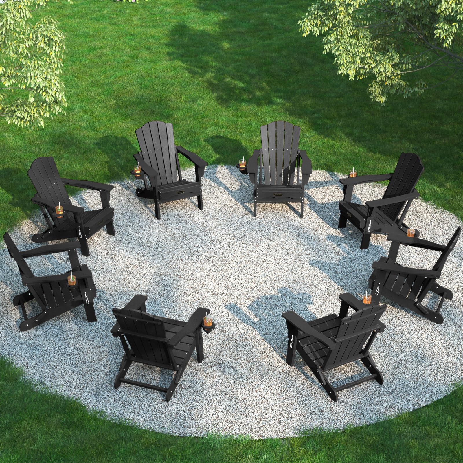 THOEOE Folding Adirondack Chair,HDPE All-Weather Outdoor Chair with Cup Holder,Wooden Textured,Fire Pit Chair,Plastic Patio Chair for Deck,Backyard,Garden,Lawn, Black