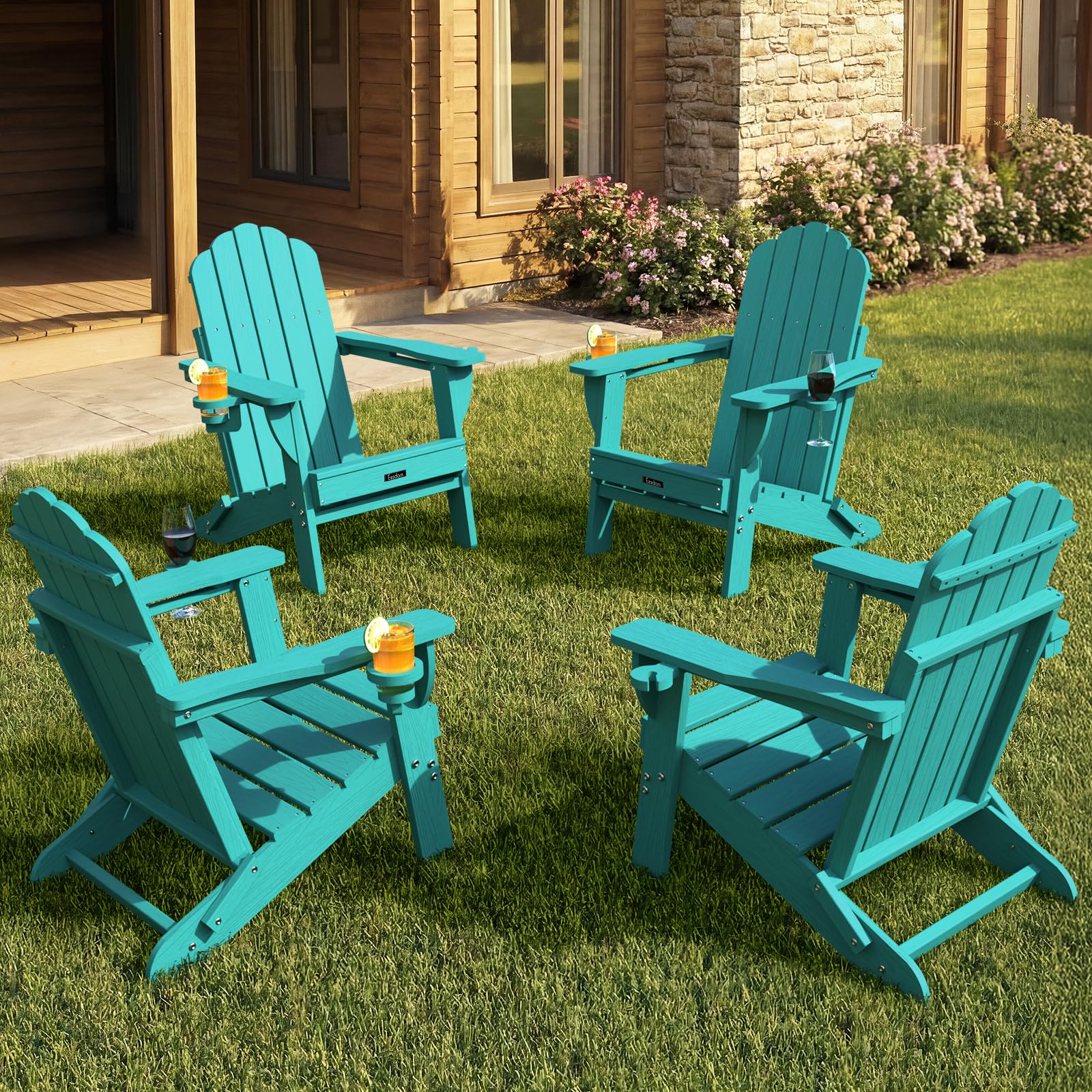 Folding Adirondack Chair,All-Weather HDPE Fire Pit Chair with 2 Cup Holders, Plastic Outdoor Chair for Patio Deck Garden Lawn, Black