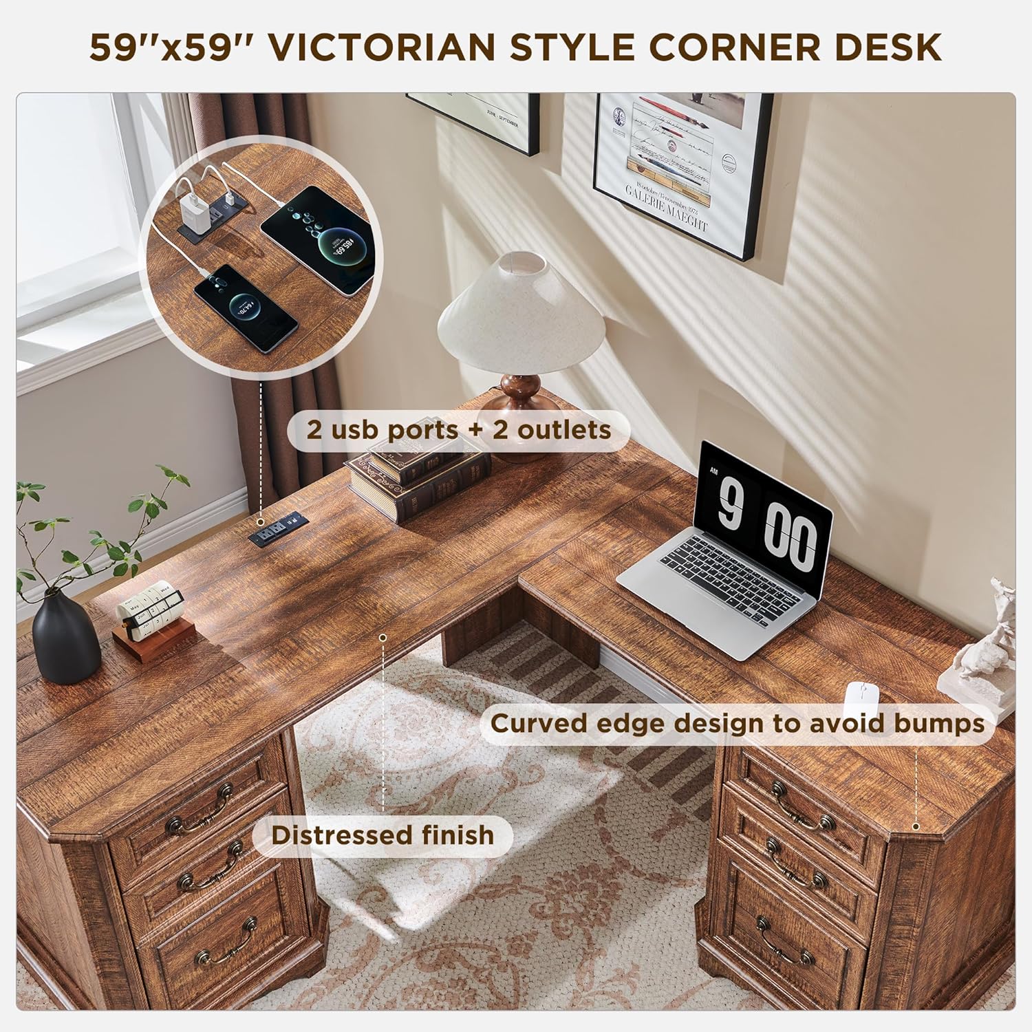 T4TREAM 59" Executive L Shaped Desk with Drawers,Farmhouse Wood Computer Corner Desk,Featuring Charging Station,File Drawer, Storage Cabinet,for Home Office Work and Study (Reclaimed Barnwood)