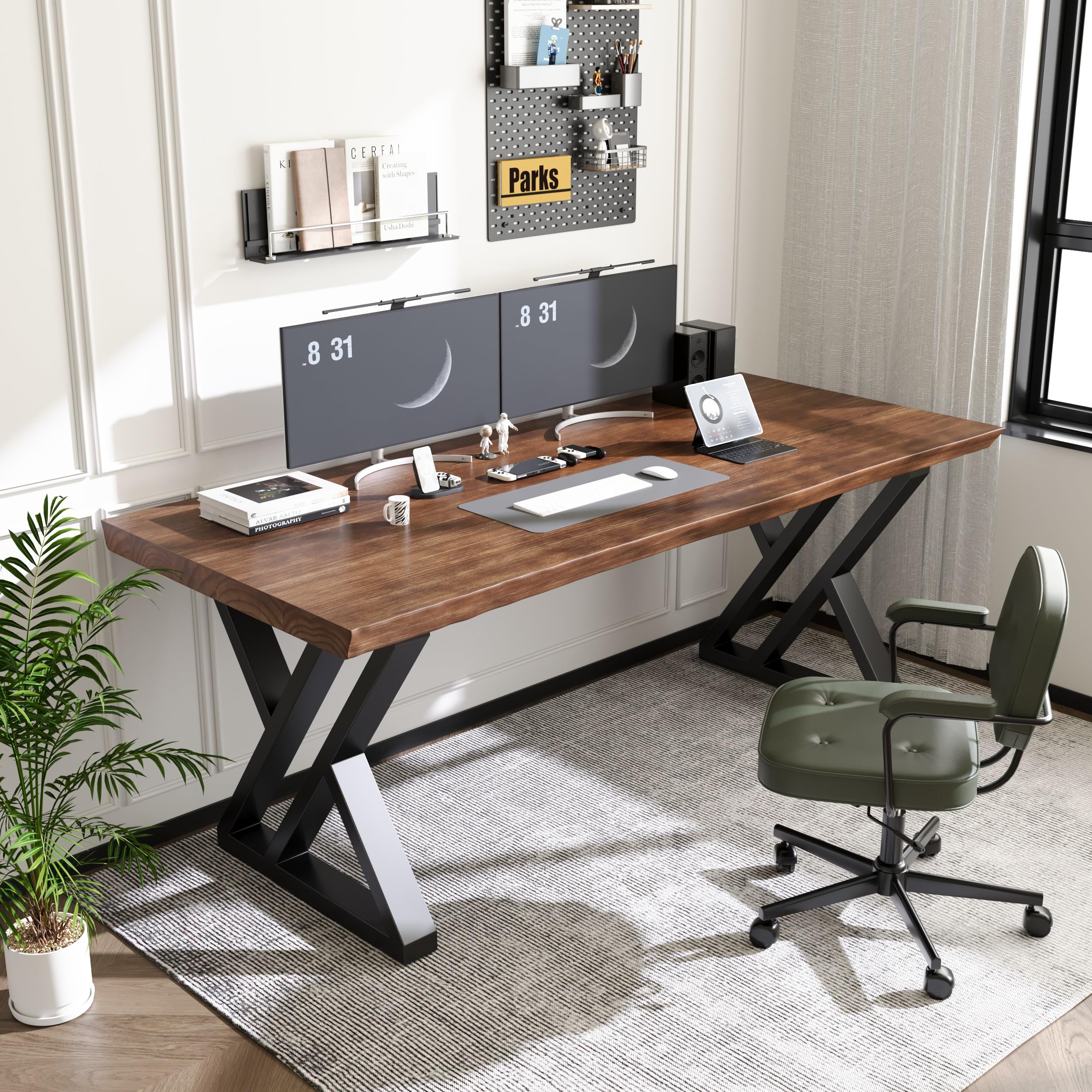Solid Wood Desk 55 inches, Home Office Computer Desk Wooden Rustic Writing Desk Metal Modern Simple Design Executive Real Wood Desk(Rustic Brown)