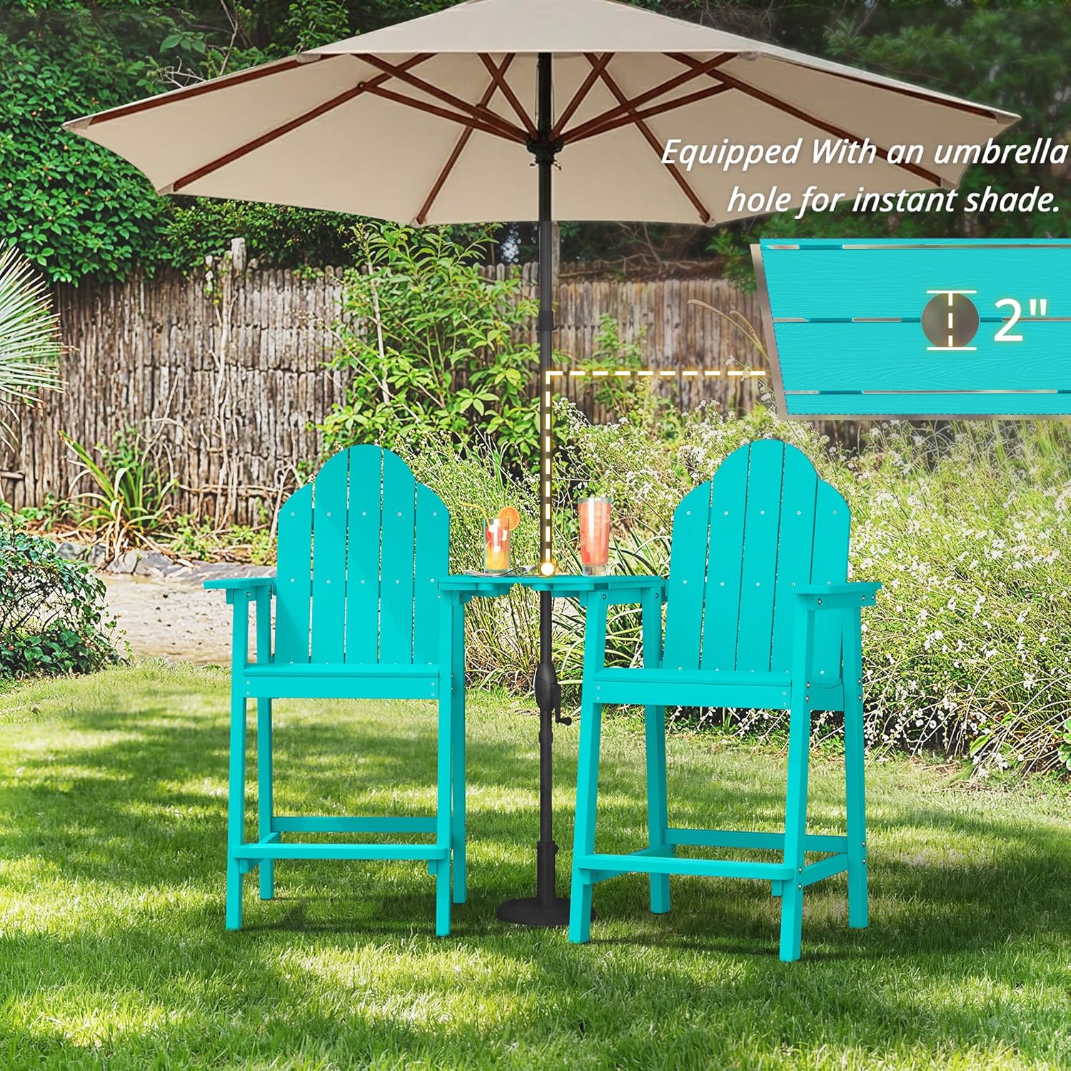 LUE BONA Tall Adirondack Chair Set of 2, All Weather HDPS Bar Height Chairs with Aluminum Legs, Detachable Table & Umbrella Hole for Patio, Deck, Backyard & Commercial Use Aruba Blue