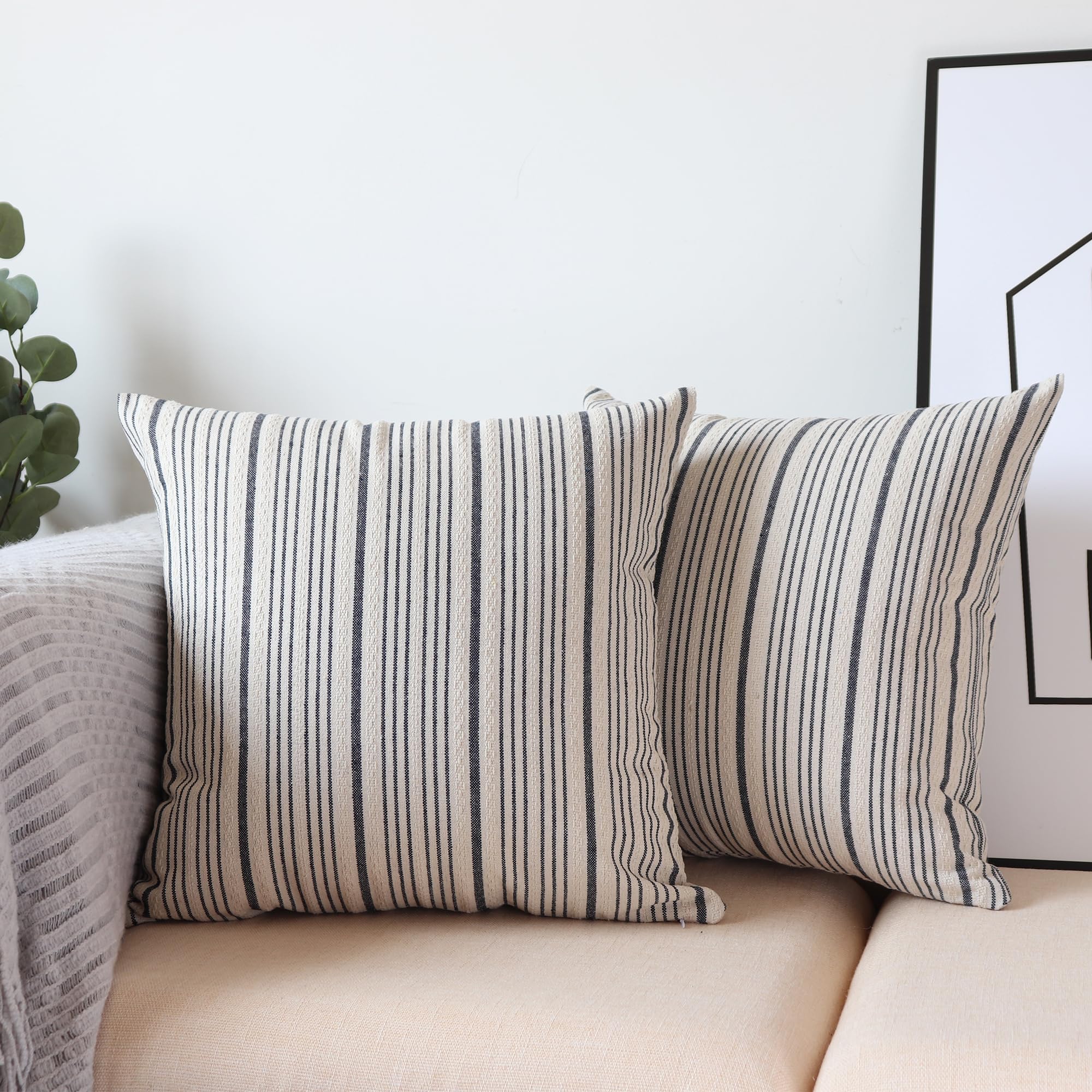 Tan Pillow Covers Farmhouse Linen Throw Pillow Covers Striped Outdoor Decorative Square Throw Pillows for Couch Sofa Bed 18x18 in Pack of 2 Cream and Beige
