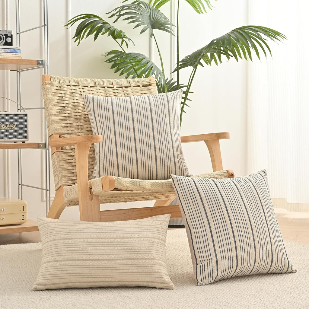 Tan Pillow Covers Farmhouse Linen Throw Pillow Covers Striped Outdoor Decorative Square Throw Pillows for Couch Sofa Bed 18x18 in Pack of 2 Cream and Beige