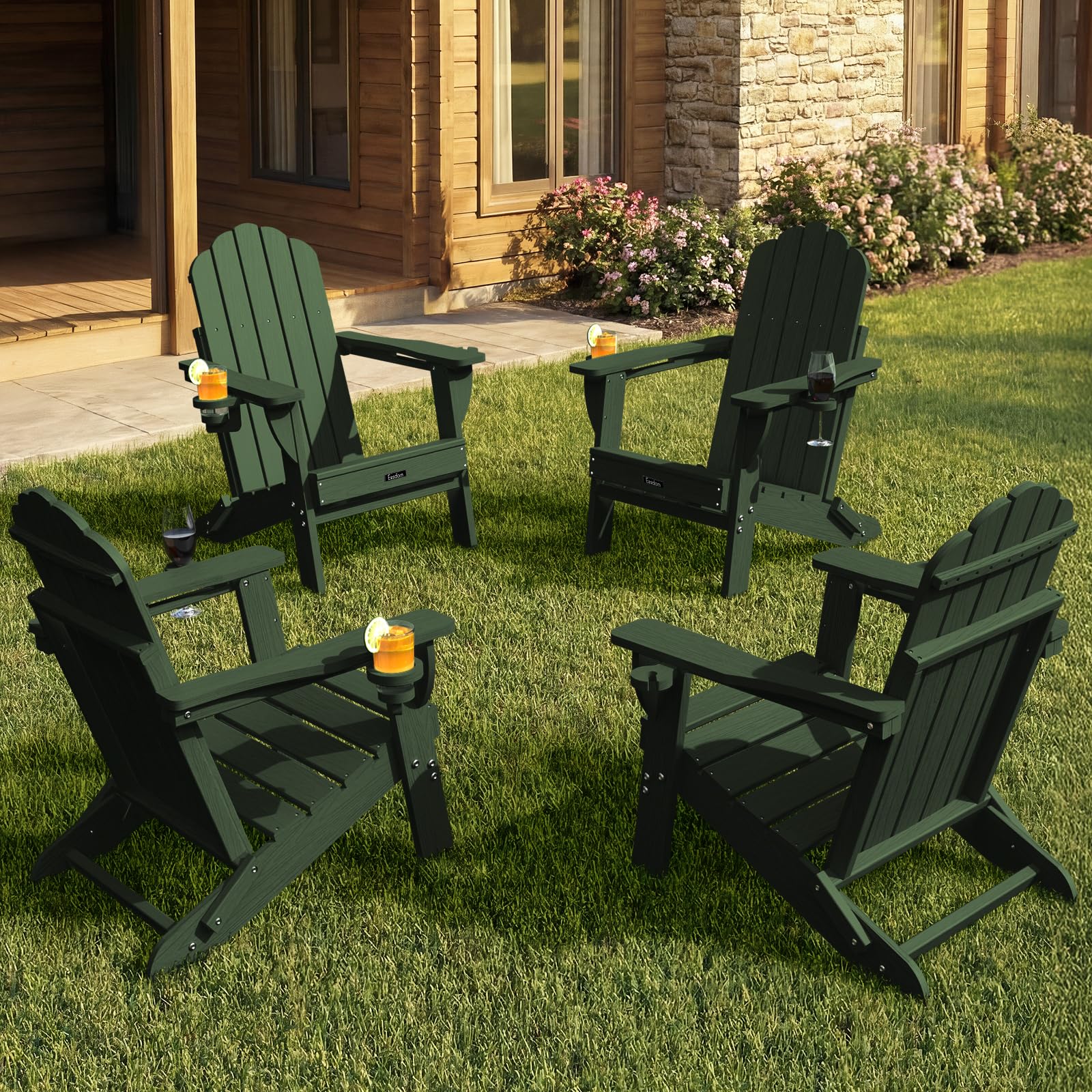 Folding Adirondack Chair,All-Weather HDPE Fire Pit Chair with 2 Cup Holders, Plastic Outdoor Chair for Patio Deck Garden Lawn, Black