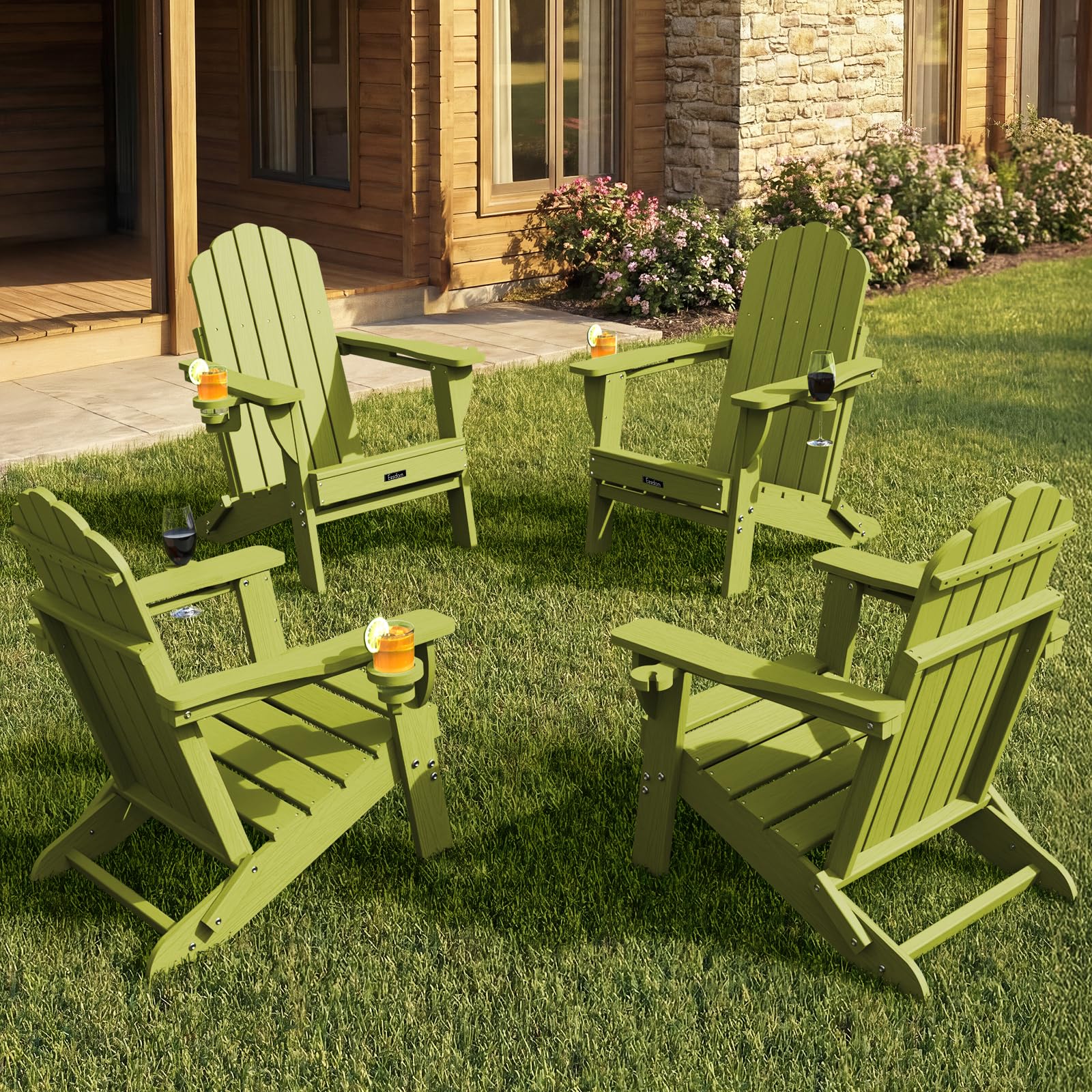 Folding Adirondack Chair,All-Weather HDPE Fire Pit Chair with 2 Cup Holders, Plastic Outdoor Chair for Patio Deck Garden Lawn, Black