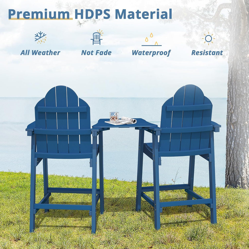 LUE BONA Tall Adirondack Chair Set of 2, All Weather HDPS Bar Height Chairs with Aluminum Legs, Detachable Table & Umbrella Hole for Patio, Deck, Backyard & Commercial Use Navy Blue