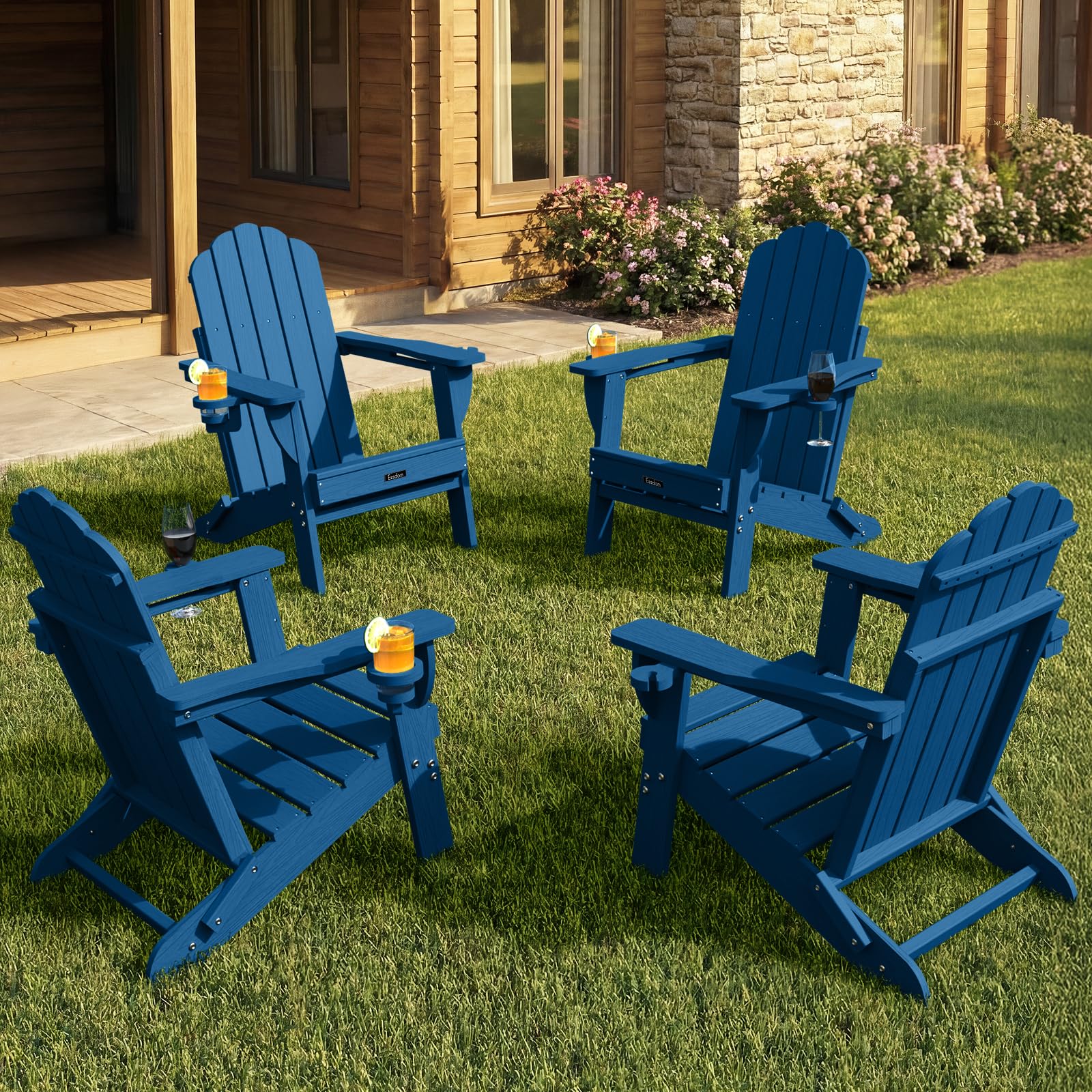 Folding Adirondack Chair,All-Weather HDPE Fire Pit Chair with 2 Cup Holders, Plastic Outdoor Chair for Patio Deck Garden Lawn, Black