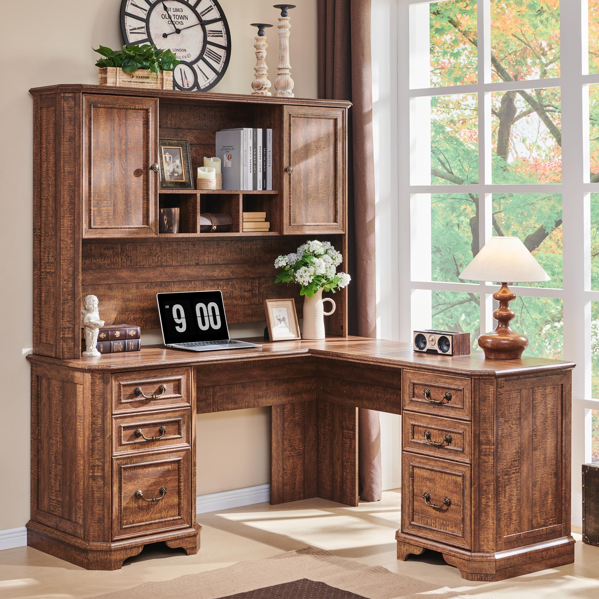 T4TREAM 59" Executive L Shaped Desk with Drawers,Farmhouse Wood Computer Corner Desk,Featuring Charging Station,File Drawer, Storage Cabinet,for Home Office Work and Study (Reclaimed Barnwood)