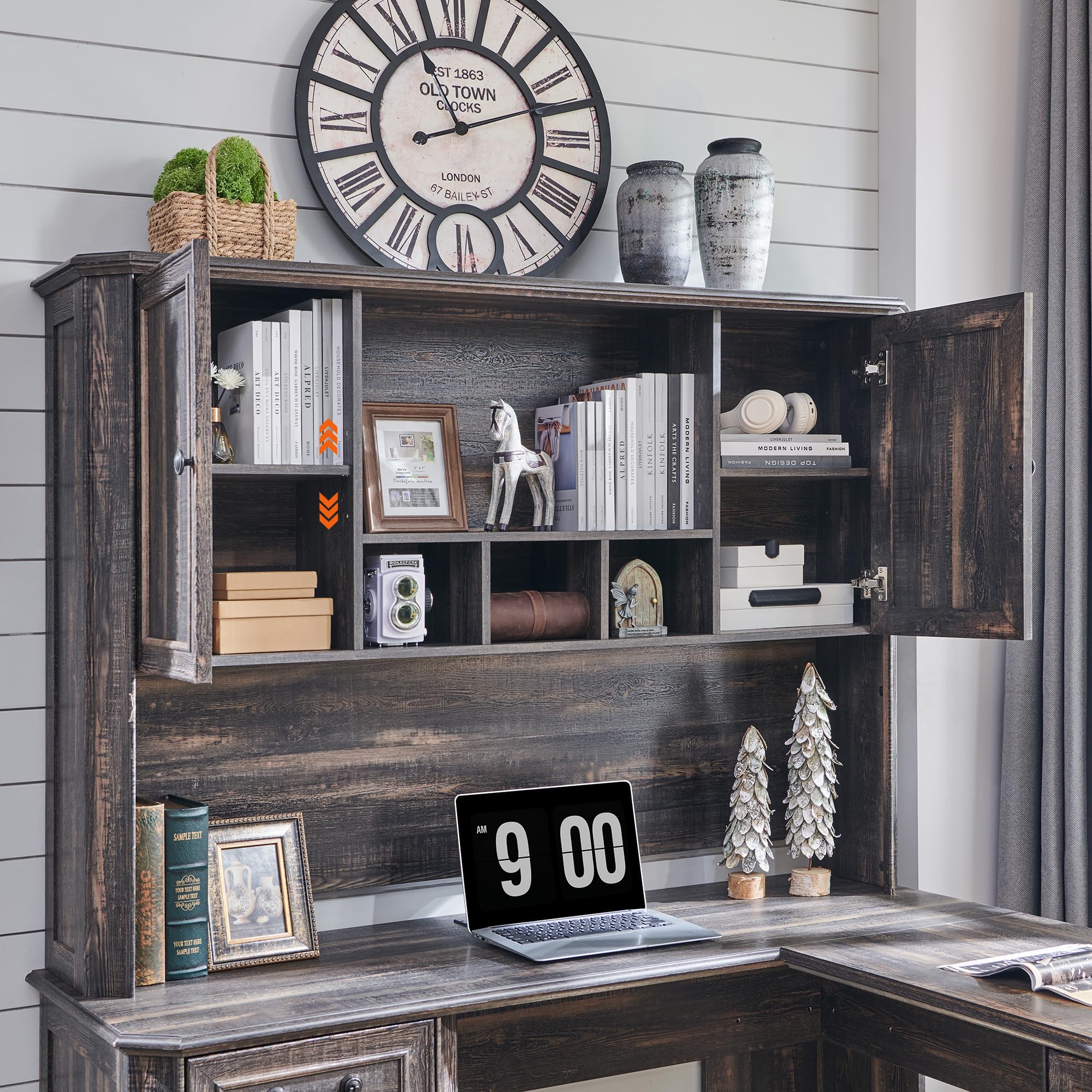 T4TREAM 59" Executive L Shaped Desk with Drawers,Farmhouse Wood Computer Corner Desk,Featuring Charging Station,File Drawer, Storage Cabinet,for Home Office Work and Study (Reclaimed Barnwood)