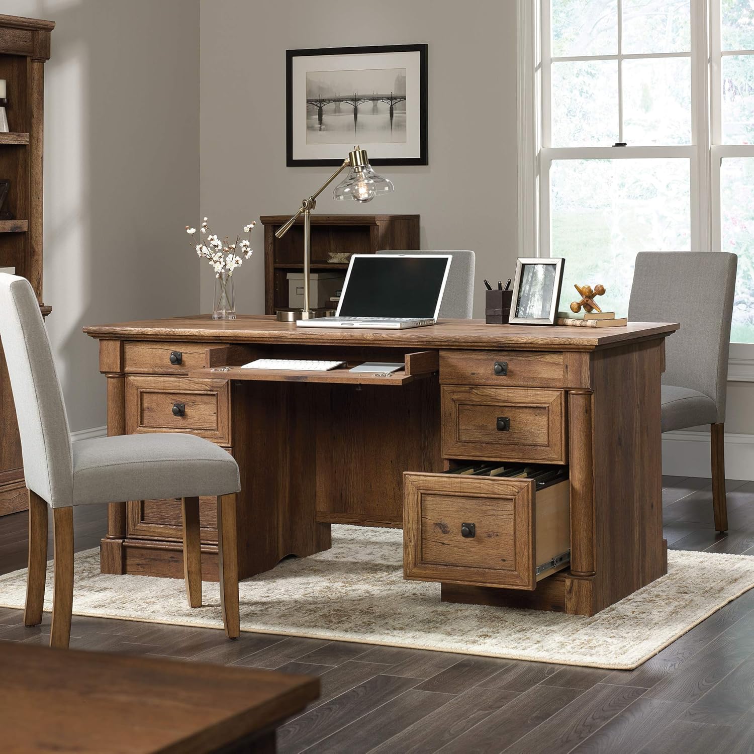 Sauder Palladia Executive Desk, 29.5"D x 65.1"W x 29.61"H, Vintage Oak finish