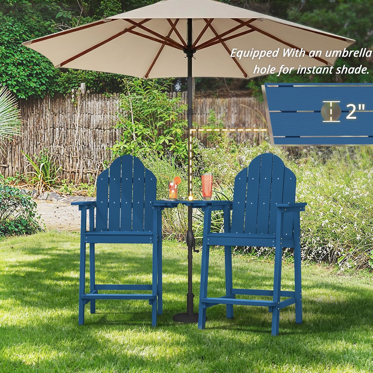LUE BONA Tall Adirondack Chair Set of 2, All Weather HDPS Bar Height Chairs with Aluminum Legs, Detachable Table & Umbrella Hole for Patio, Deck, Backyard & Commercial Use Navy Blue