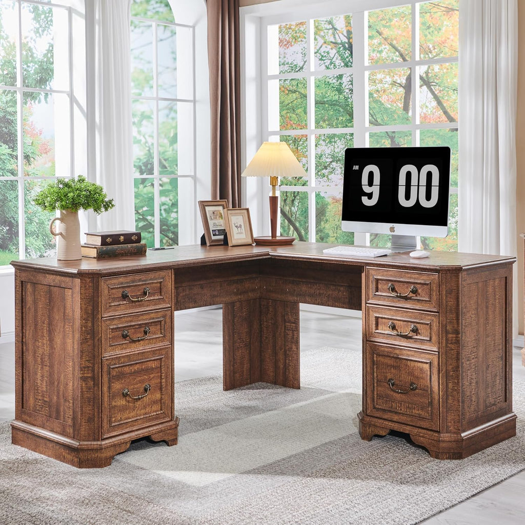 T4TREAM 59" Executive L Shaped Desk with Drawers,Farmhouse Wood Computer Corner Desk,Featuring Charging Station,File Drawer, Storage Cabinet,for Home Office Work and Study (Reclaimed Barnwood)
