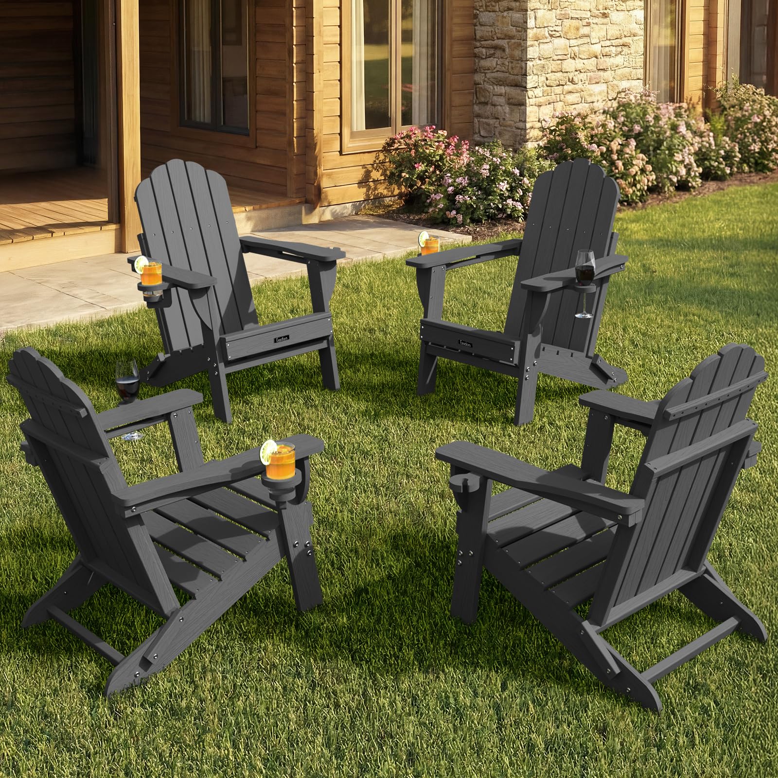 Folding Adirondack Chair,All-Weather HDPE Fire Pit Chair with 2 Cup Holders, Plastic Outdoor Chair for Patio Deck Garden Lawn, Black