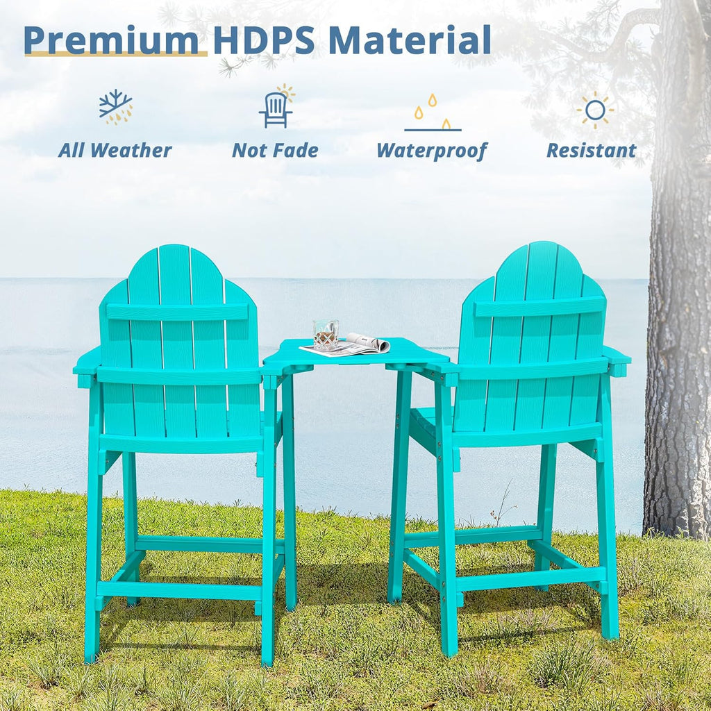 LUE BONA Tall Adirondack Chair Set of 2, All Weather HDPS Bar Height Chairs with Aluminum Legs, Detachable Table & Umbrella Hole for Patio, Deck, Backyard & Commercial Use Aruba Blue
