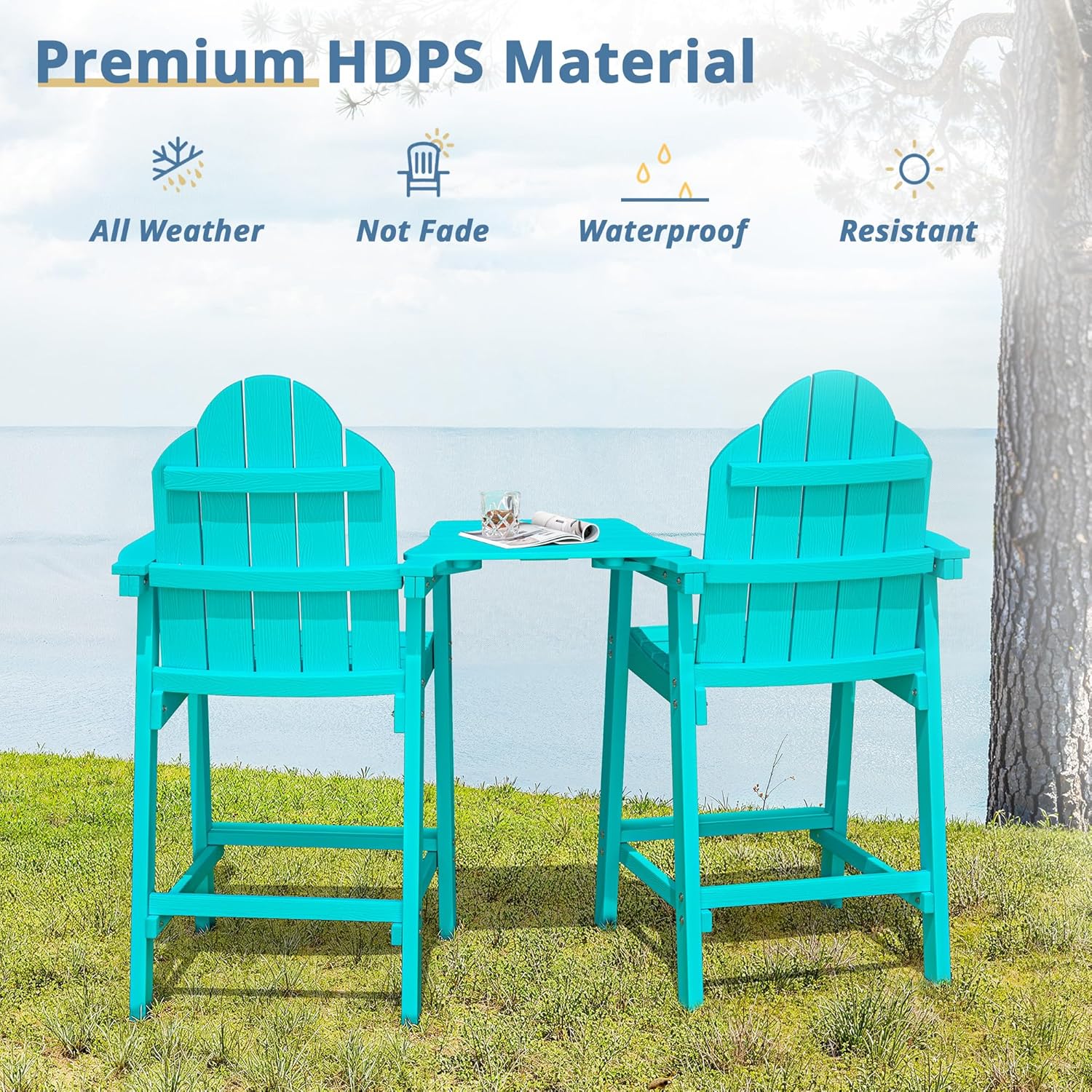 LUE BONA Tall Adirondack Chair Set of 2, All Weather HDPS Bar Height Chairs with Aluminum Legs, Detachable Table & Umbrella Hole for Patio, Deck, Backyard & Commercial Use Aruba Blue