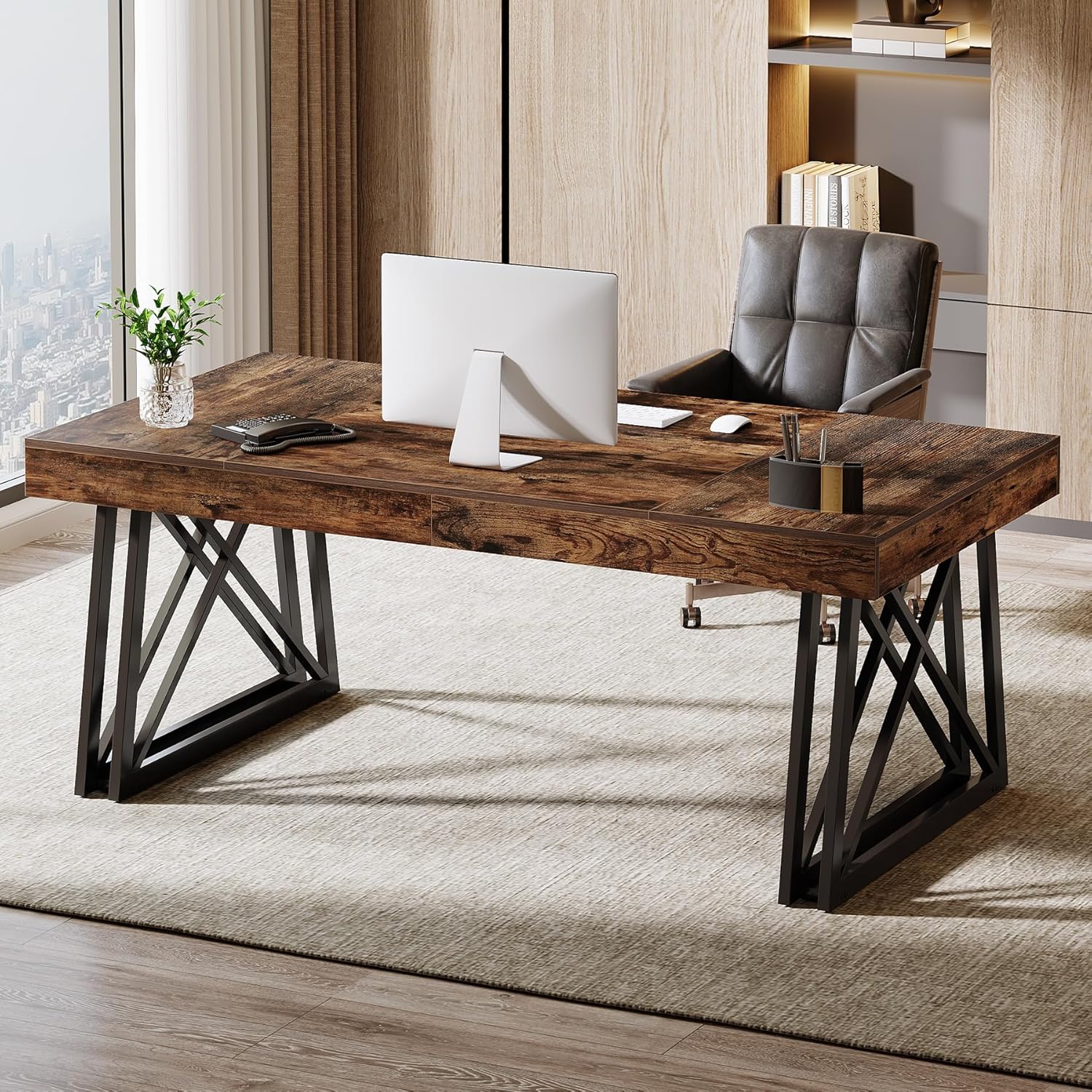 Tribesigns 63-Inch Executive Desk, Farmhouse Office Computer Desk with Sturdy X-Shaped Legs, Large Writing Table Business Furniture Workstation for Home Office, Study (Rustic Brown & Black)