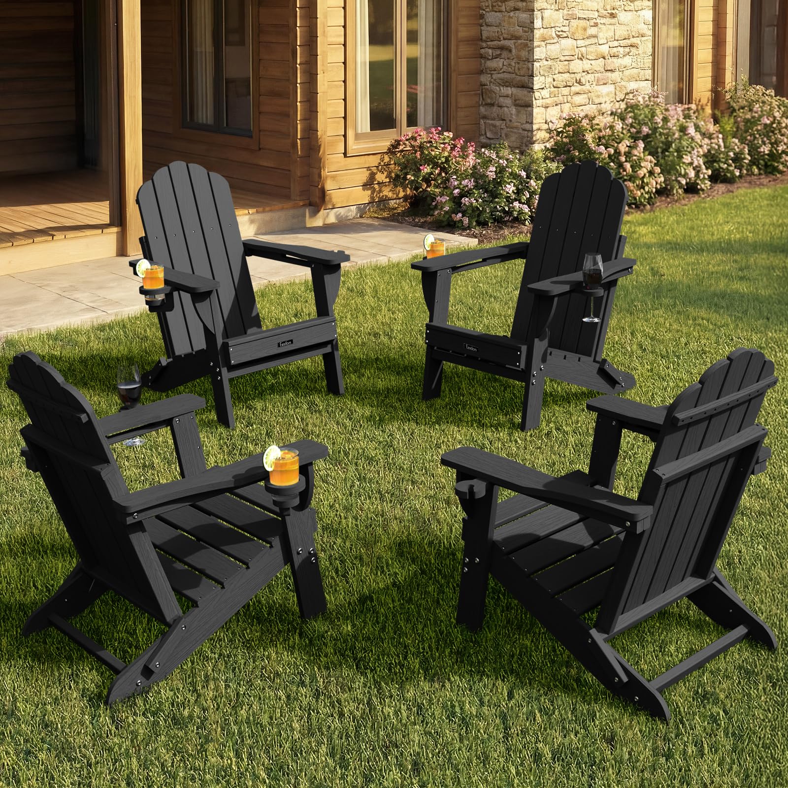 Folding Adirondack Chair,All-Weather HDPE Fire Pit Chair with 2 Cup Holders, Plastic Outdoor Chair for Patio Deck Garden Lawn, Black