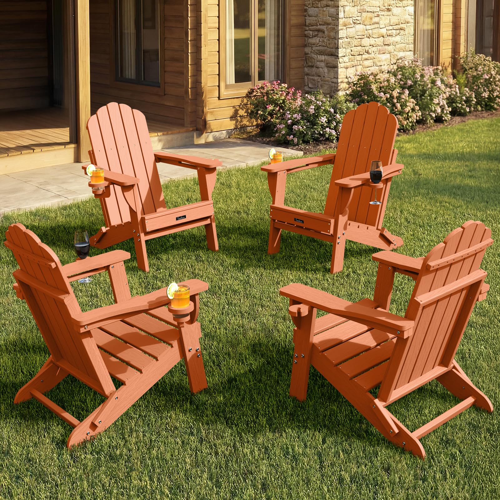 Folding Adirondack Chair,All-Weather HDPE Fire Pit Chair with 2 Cup Holders, Plastic Outdoor Chair for Patio Deck Garden Lawn, Black