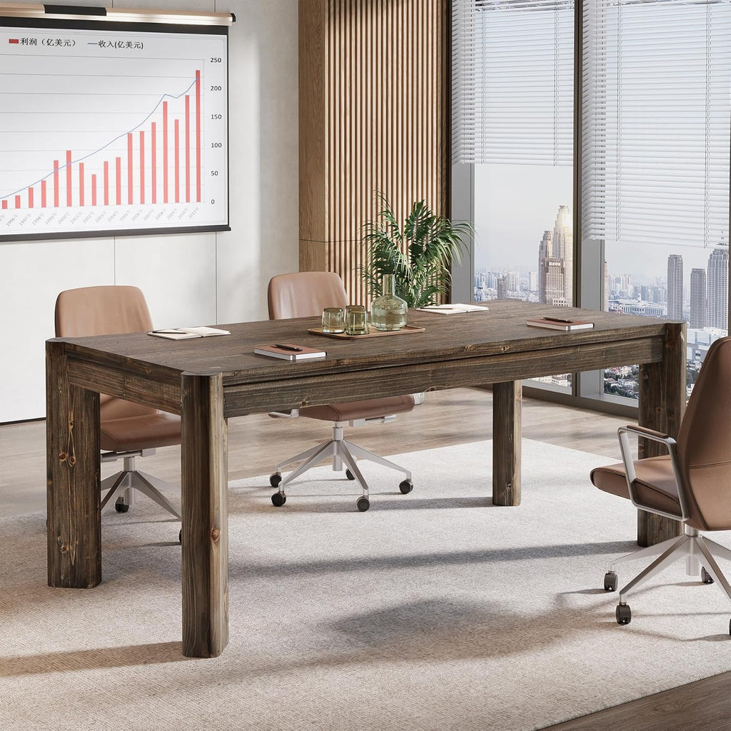 63" Solid Wood Executive Desk, Farmhouse Home Office Computer Desk,Large Simple Study Writing Table Business Workstation for Office, Wood Legs, Vintage Brown