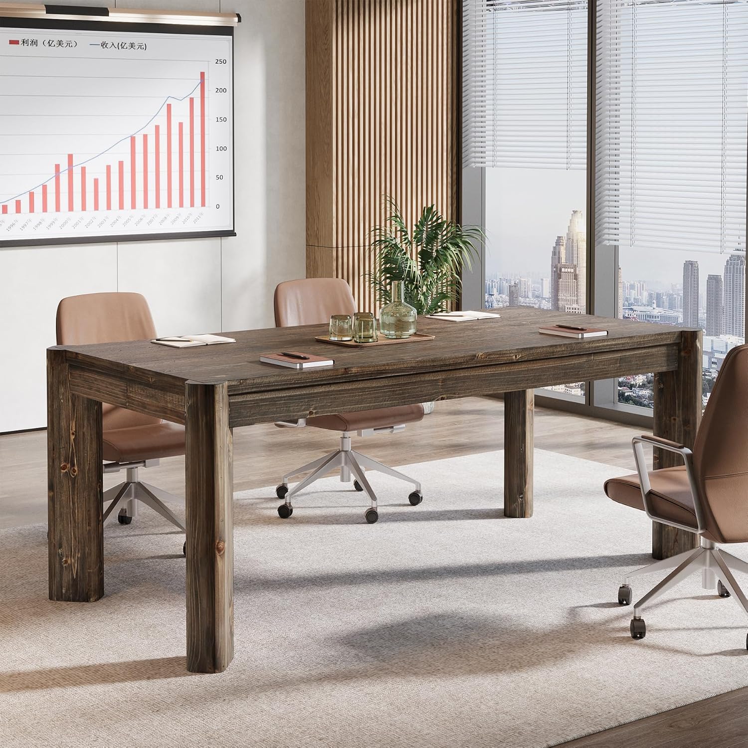 63" Solid Wood Executive Desk, Farmhouse Home Office Computer Desk,Large Simple Study Writing Table Business Workstation for Office, Wood Legs, Vintage Brown