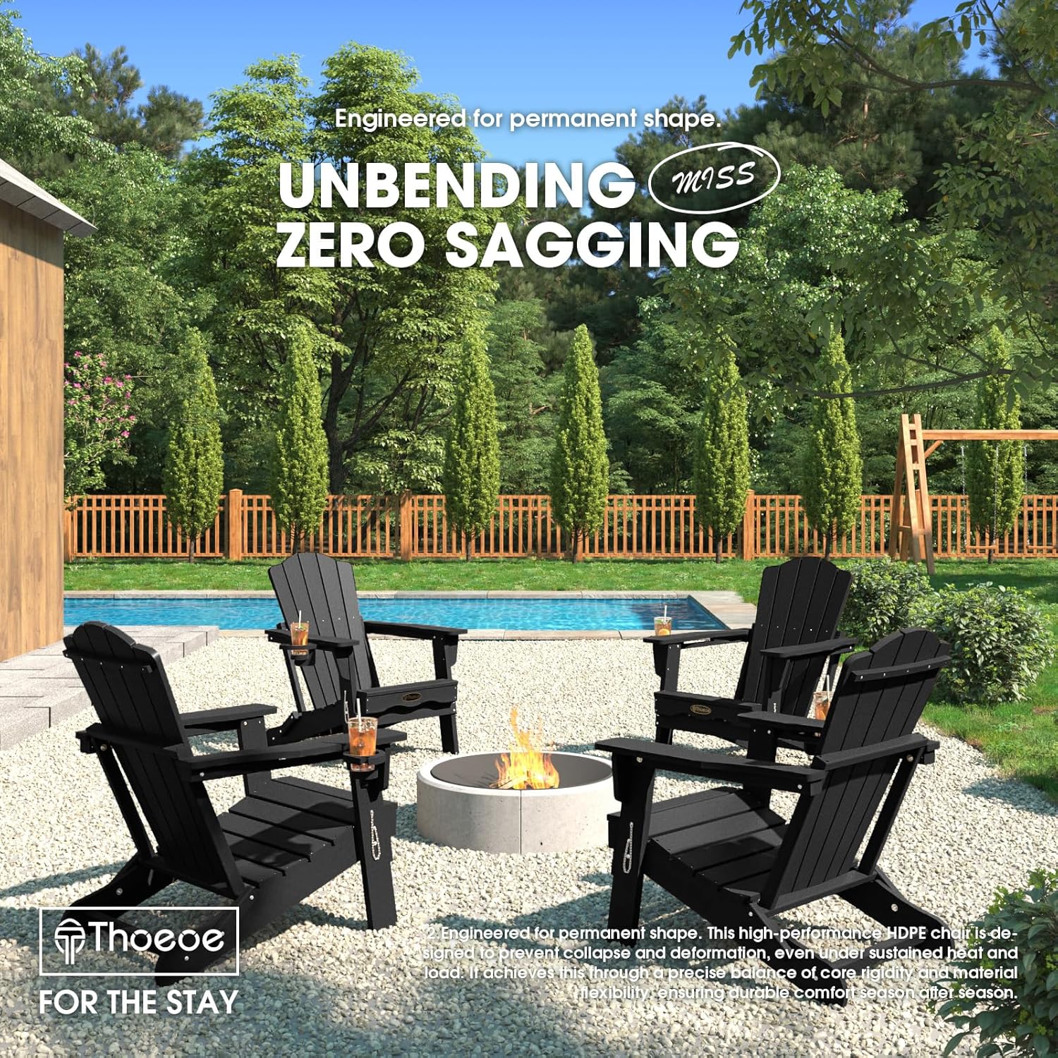 THOEOE Folding Adirondack Chair,HDPE All-Weather Outdoor Chair with Cup Holder,Wooden Textured,Fire Pit Chair,Plastic Patio Chair for Deck,Backyard,Garden,Lawn, Black