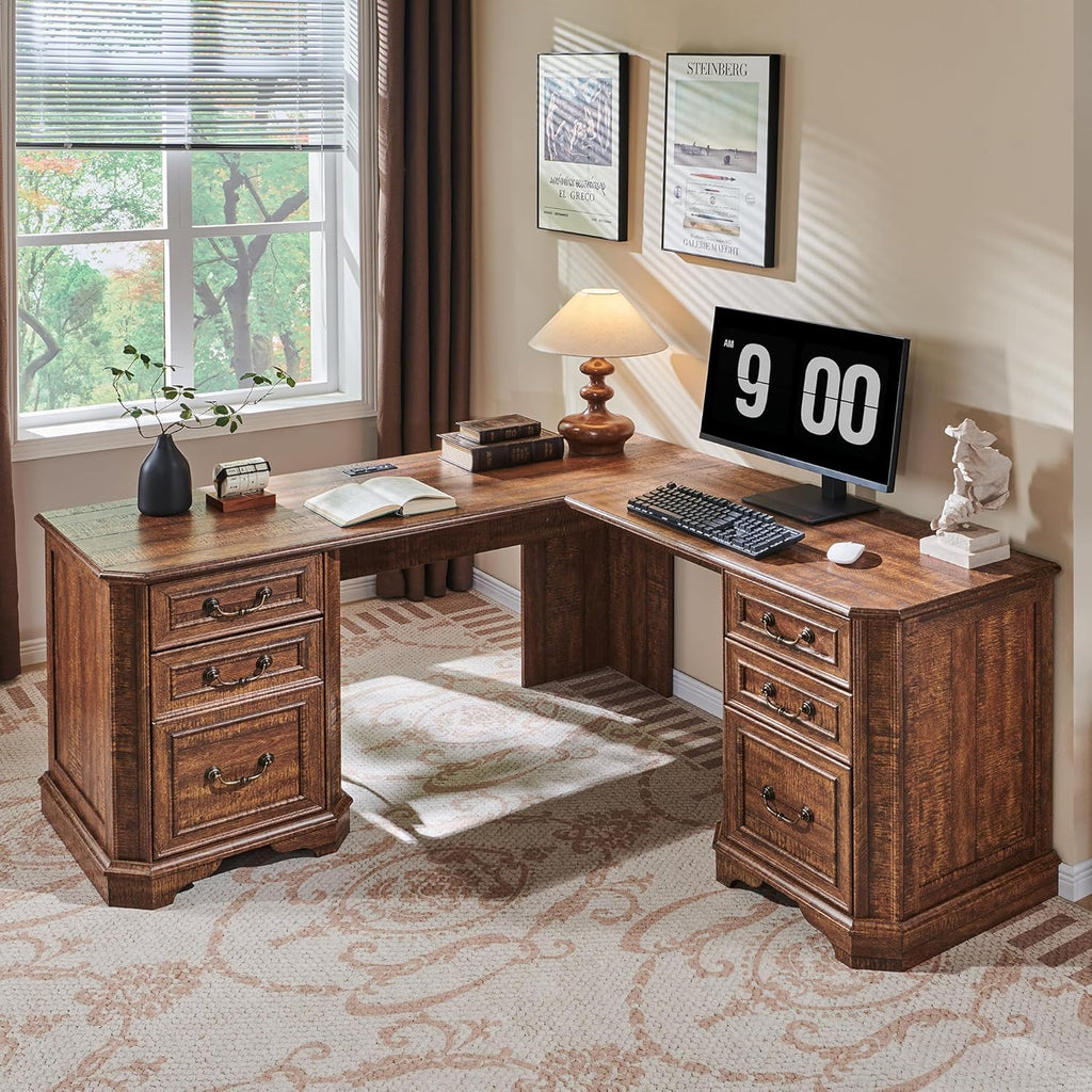 T4TREAM 59" Executive L Shaped Desk with Drawers,Farmhouse Wood Computer Corner Desk,Featuring Charging Station,File Drawer, Storage Cabinet,for Home Office Work and Study (Reclaimed Barnwood)
