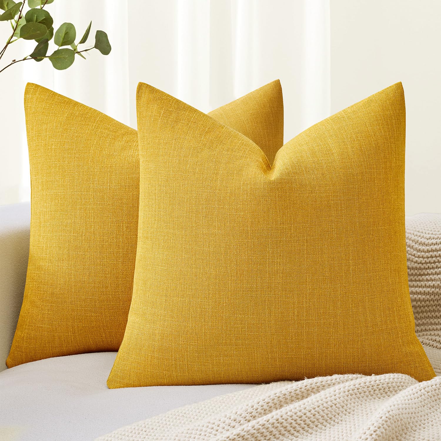 MIULEE Pack of 2 Decorative Linen Burlap Textured Pillow Covers Farmhouse Boho Accent Pillowcases Spring Home Decor for Couch Sofa Bedroom Living Room 18x18 Inch Yellow
