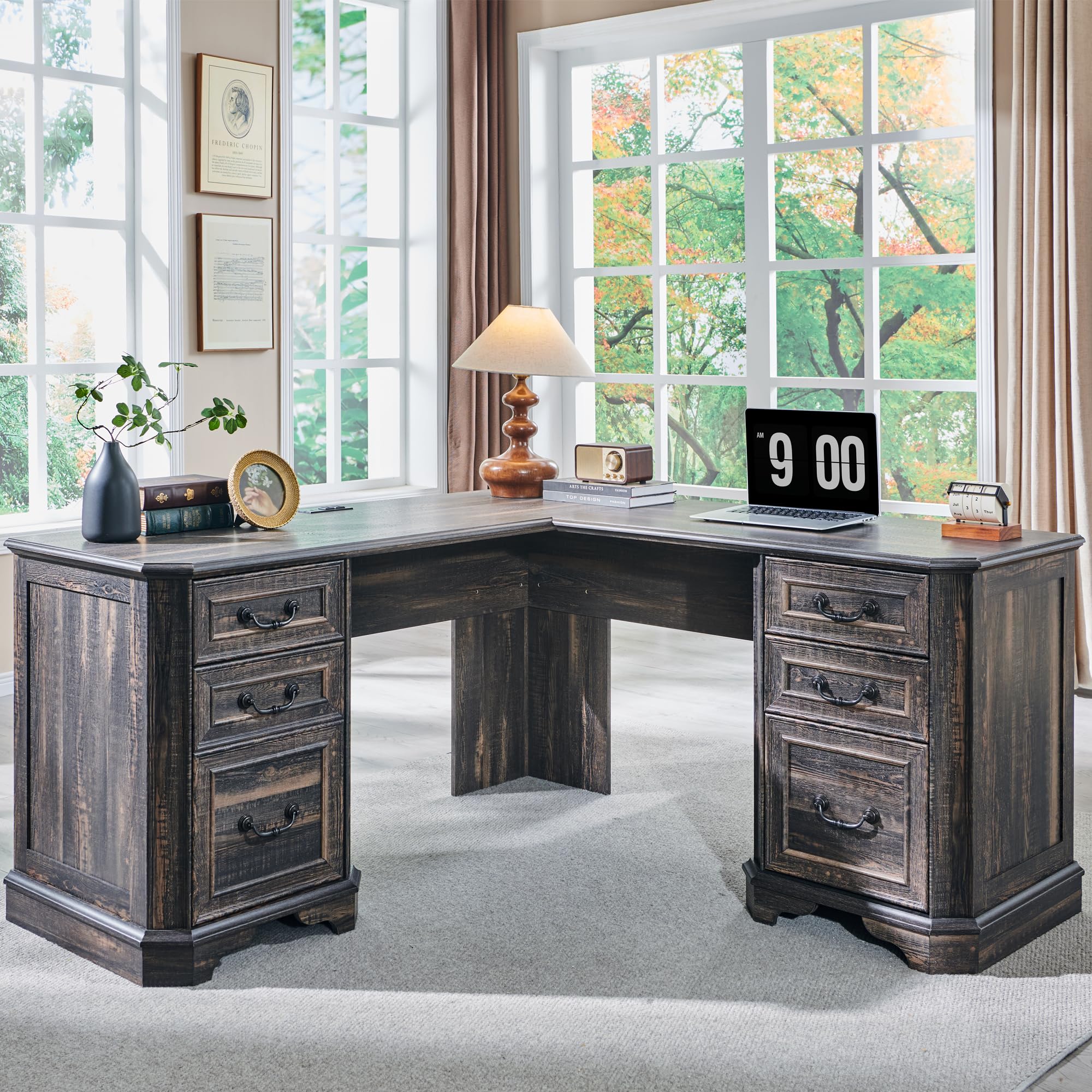 T4TREAM 59" Executive L Shaped Desk with Drawers,Farmhouse Wood Computer Corner Desk,Featuring Charging Station,File Drawer, Storage Cabinet,for Home Office Work and Study (Reclaimed Barnwood)