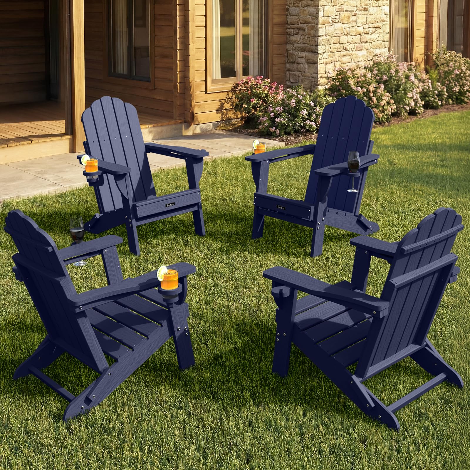 Folding Adirondack Chair,All-Weather HDPE Fire Pit Chair with 2 Cup Holders, Plastic Outdoor Chair for Patio Deck Garden Lawn, Black
